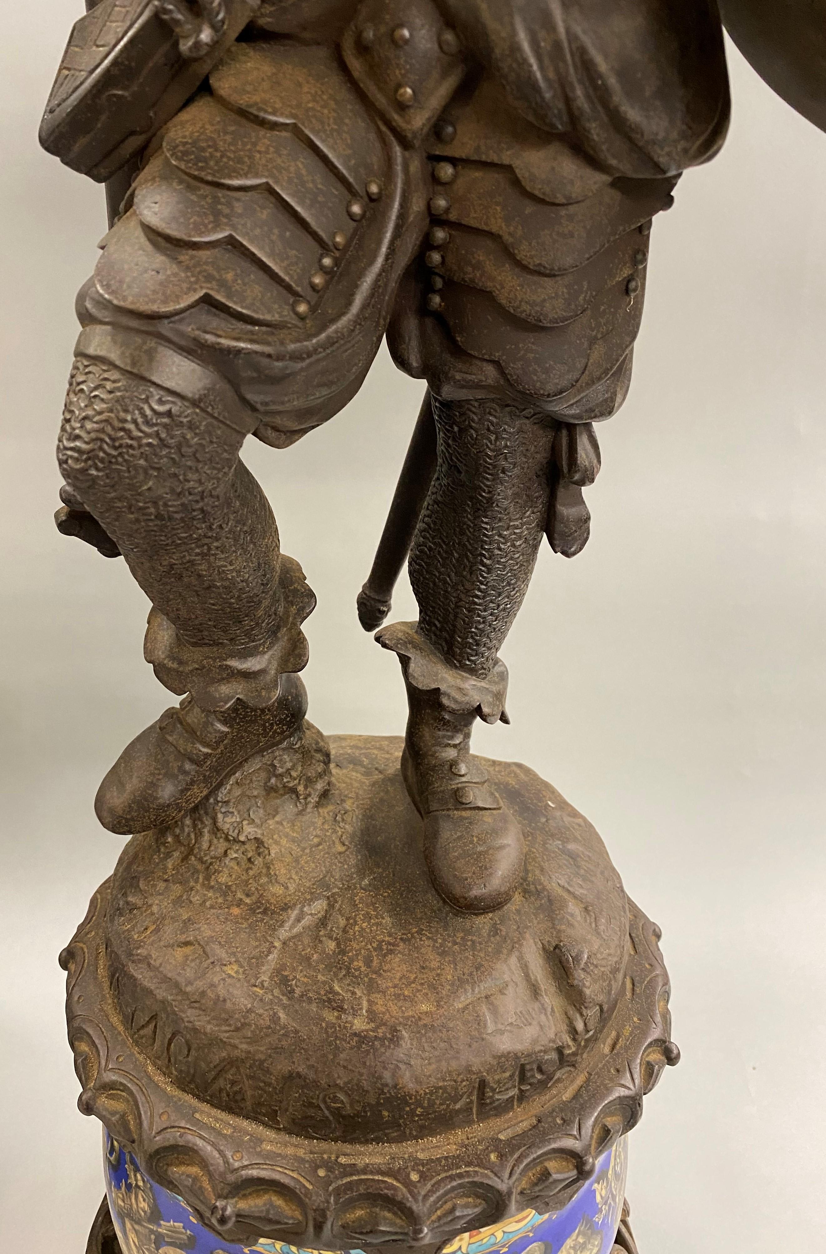 19th Century Pair of Continental Cast Iron Soldier Statues Mounted on Majolica Bases