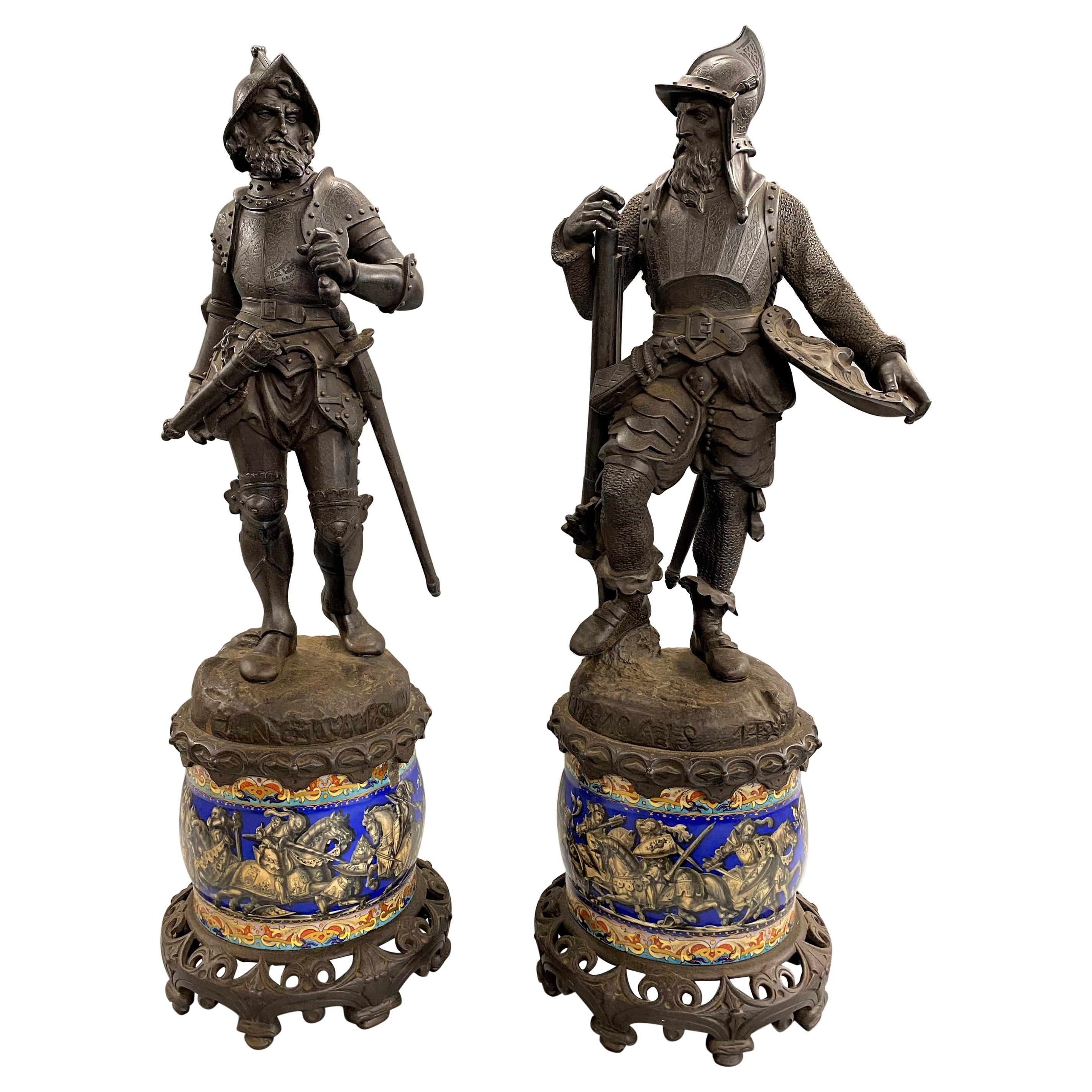 Pair of Continental Cast Iron Soldier Statues Mounted on Majolica Bases
