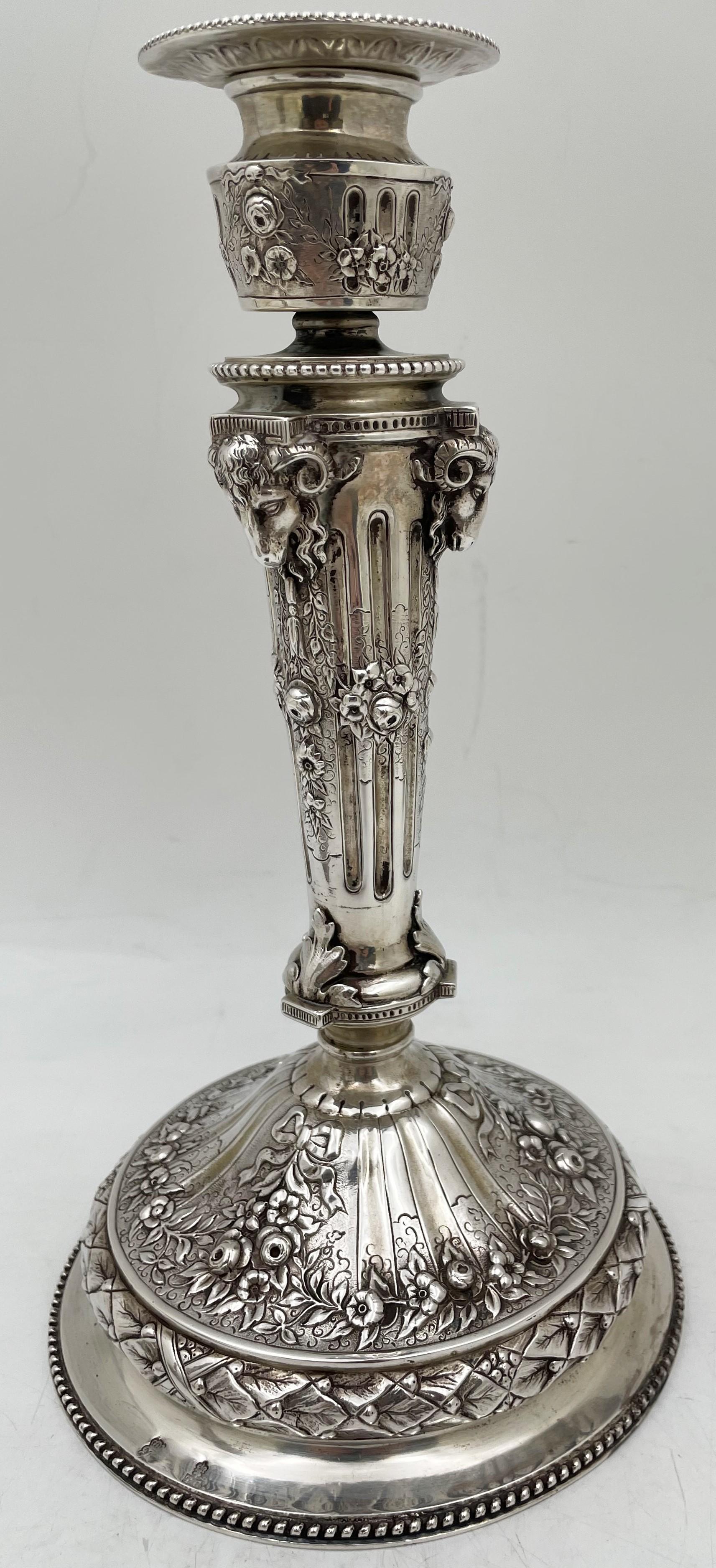 European Pair of Continental Chased Silver Candlesticks from 19th Century with Rams' Head For Sale