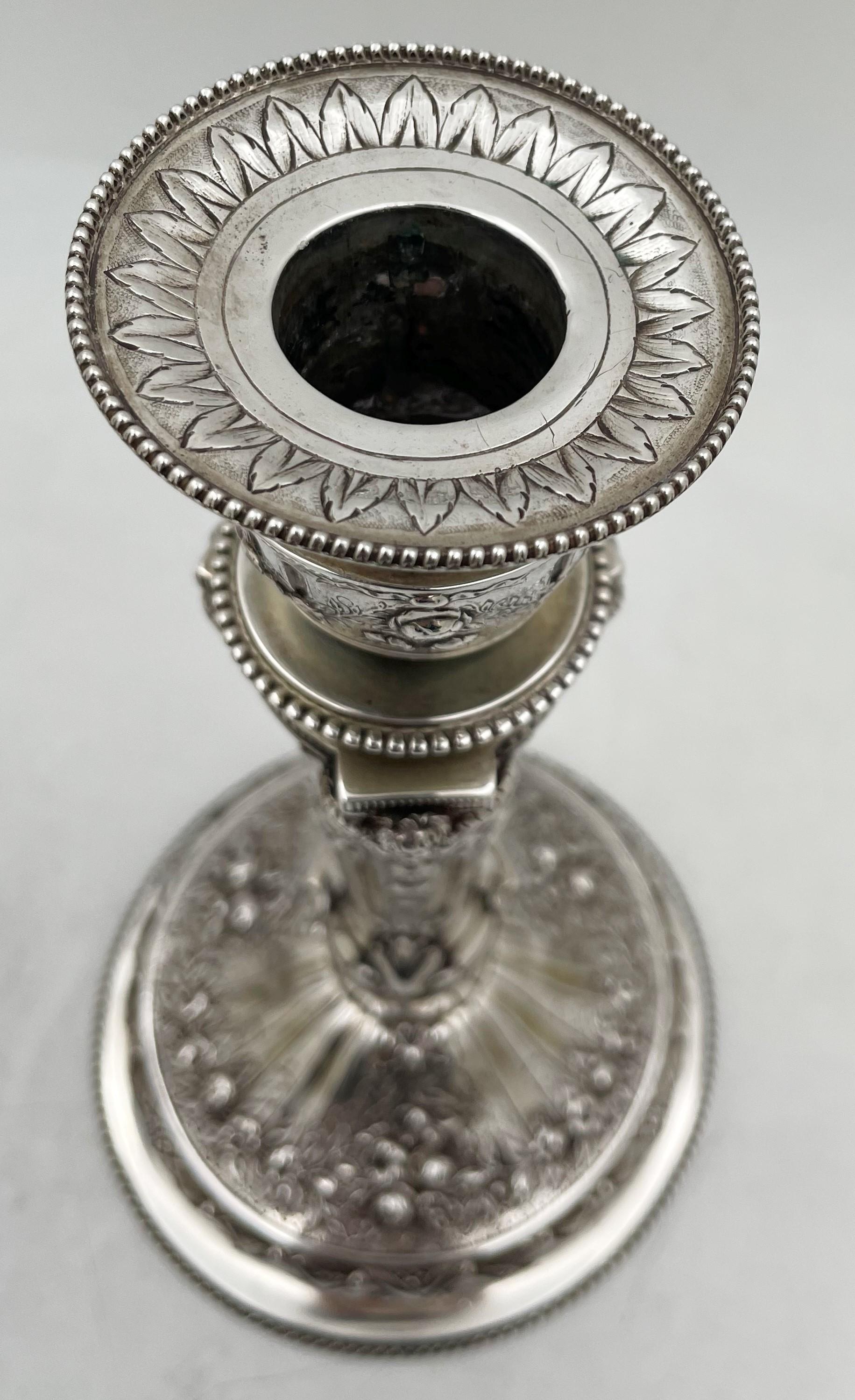 Pair of Continental Chased Silver Candlesticks from 19th Century with Rams' Head For Sale 1