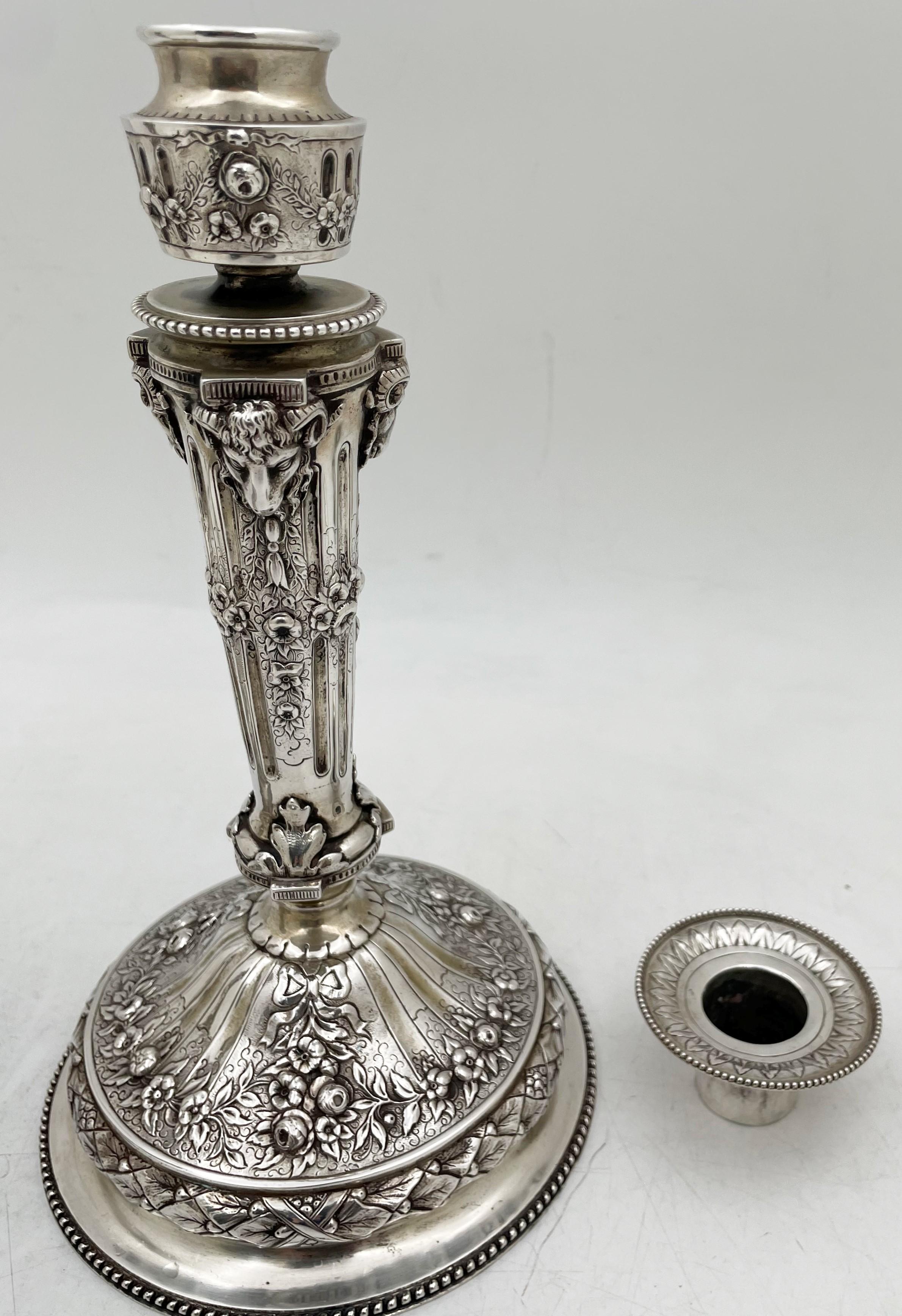 Pair of Continental Chased Silver Candlesticks from 19th Century with Rams' Head For Sale 2