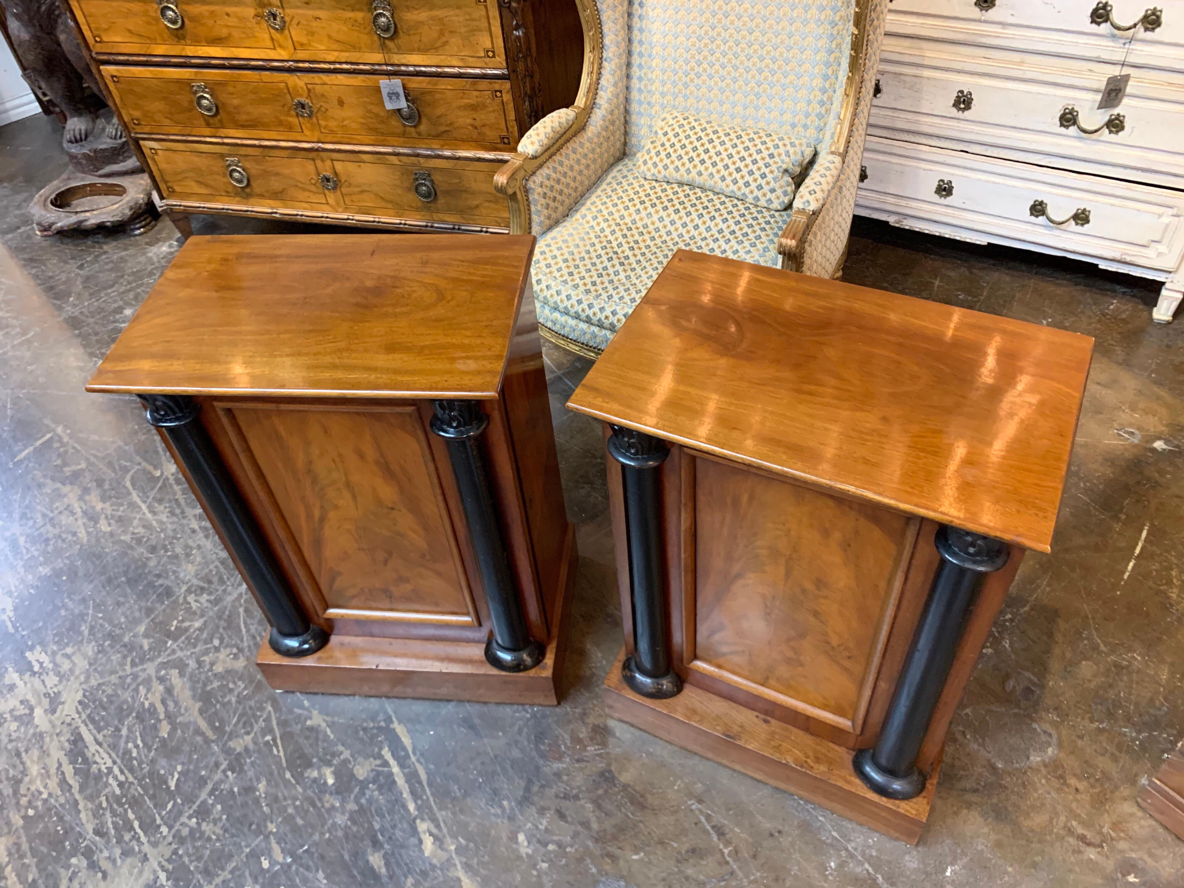 19th Century Pair of Continental Empire Style Walnut and Ebonized Side Cabinets