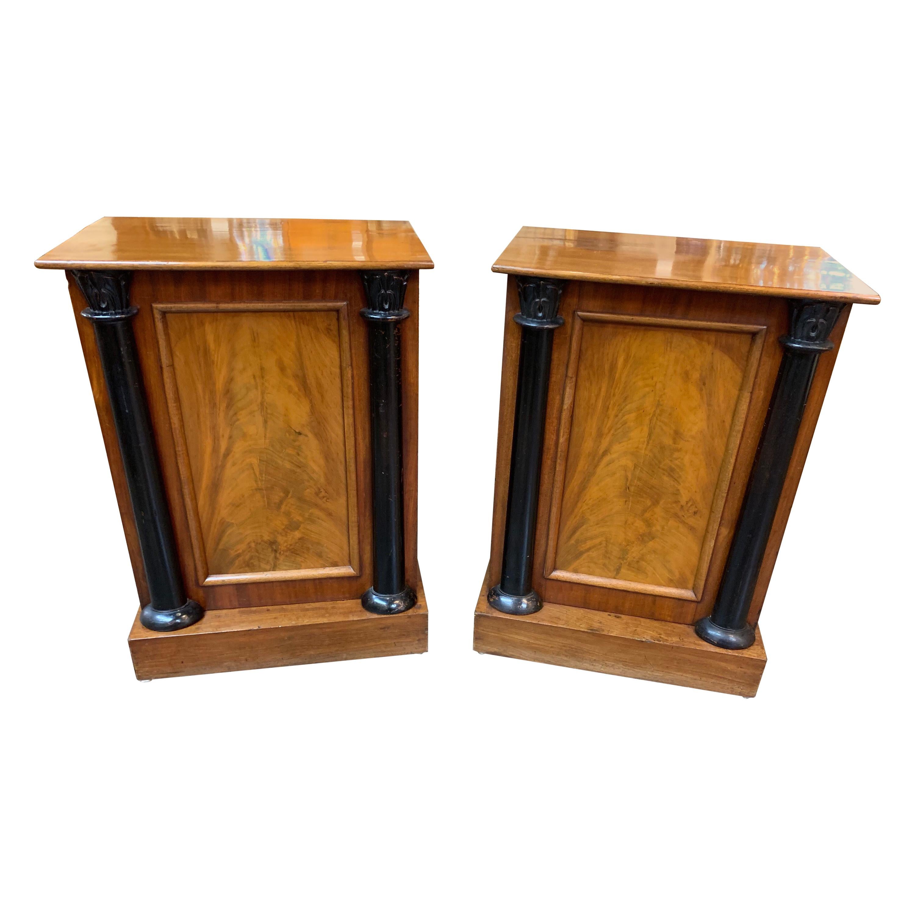 Pair of Continental Empire Style Walnut and Ebonized Side Cabinets