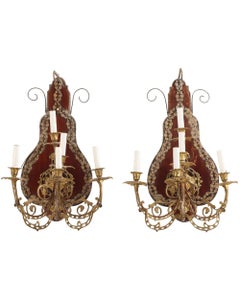 Pair of Continental Five-Arm Wall Sconces, Gilt Brass and Wood, circa 1880