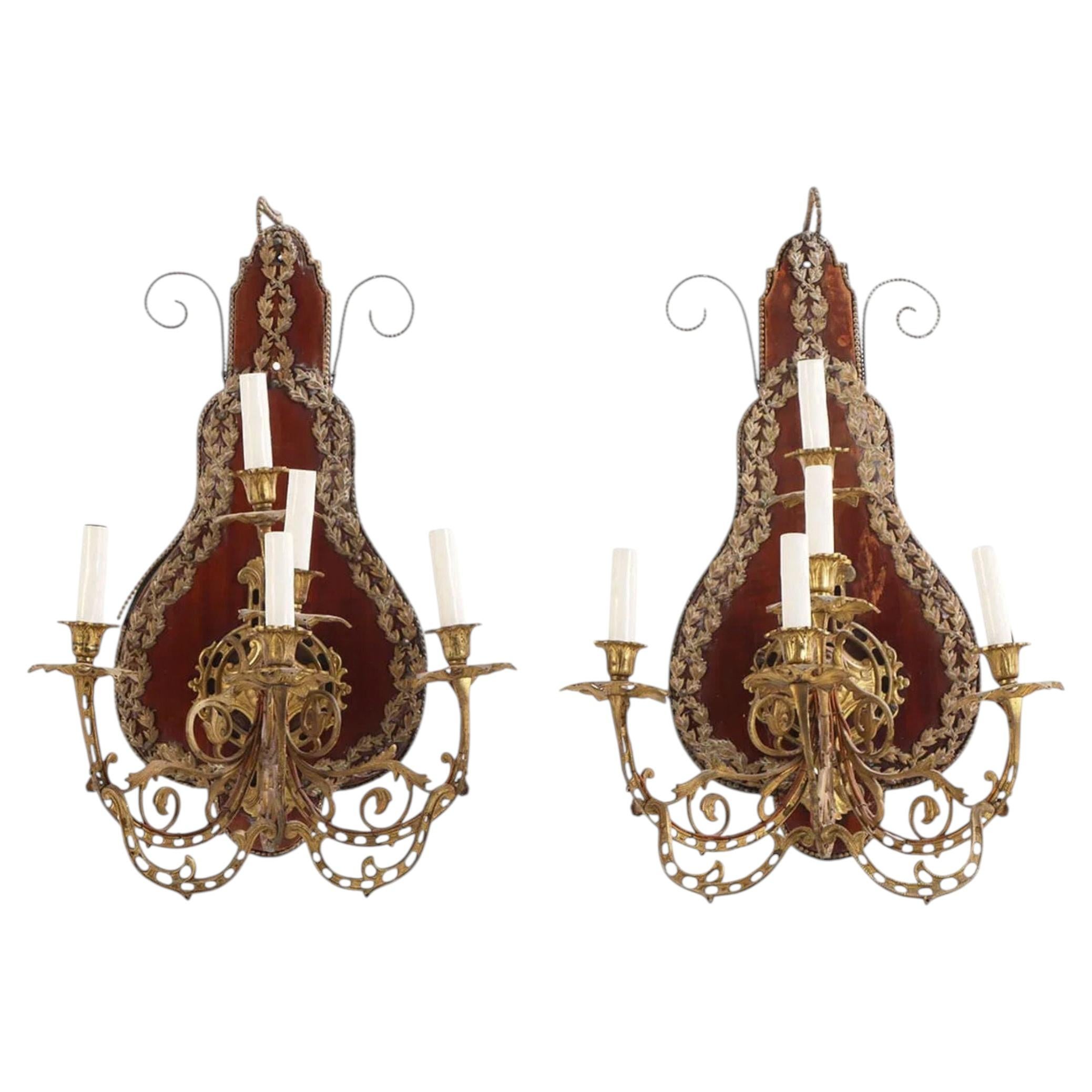 Pair of Continental Five-Arm Wall Sconces, Gilt Brass and Wood, circa 1880 For Sale