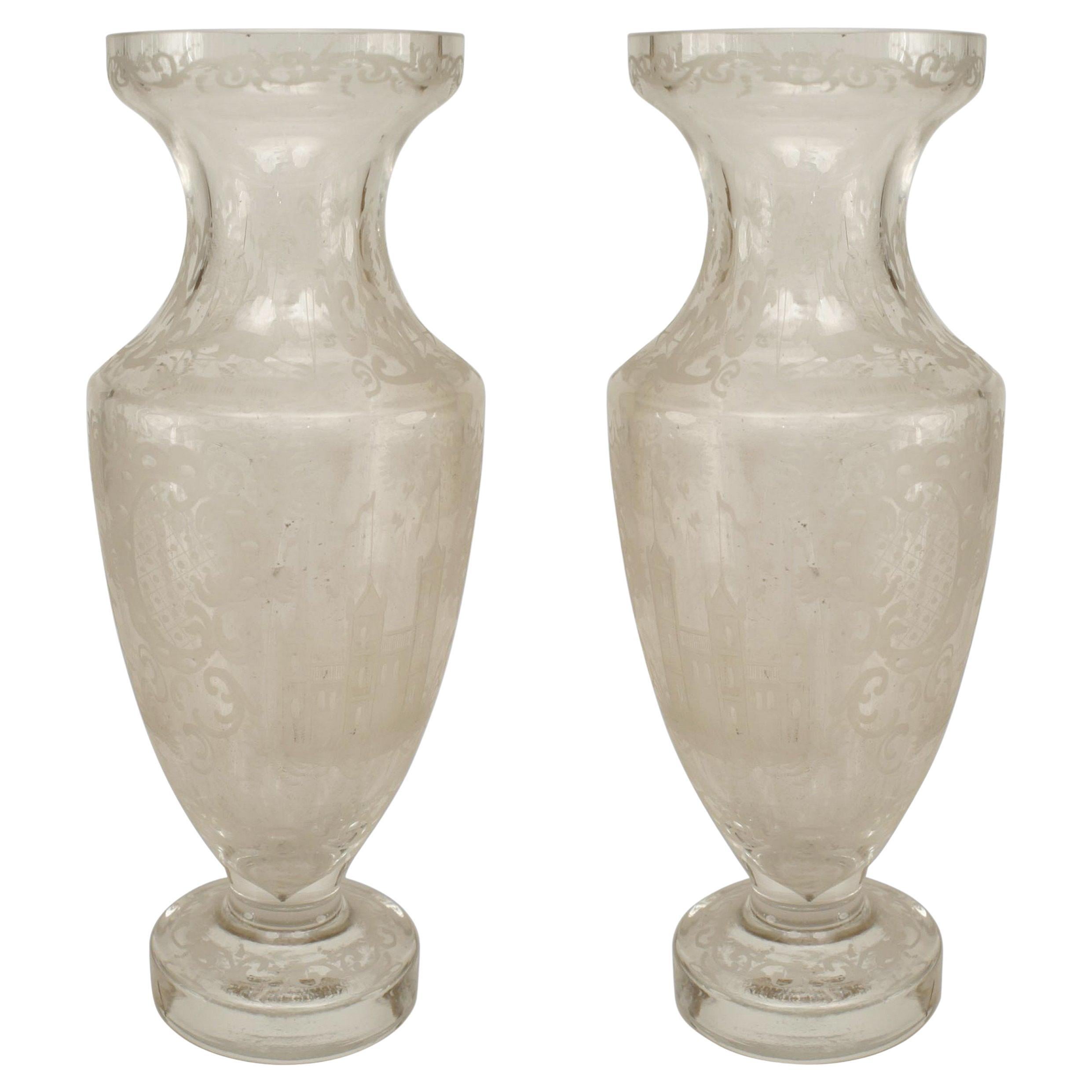 Pair of Continental German Etched Crystal Vases