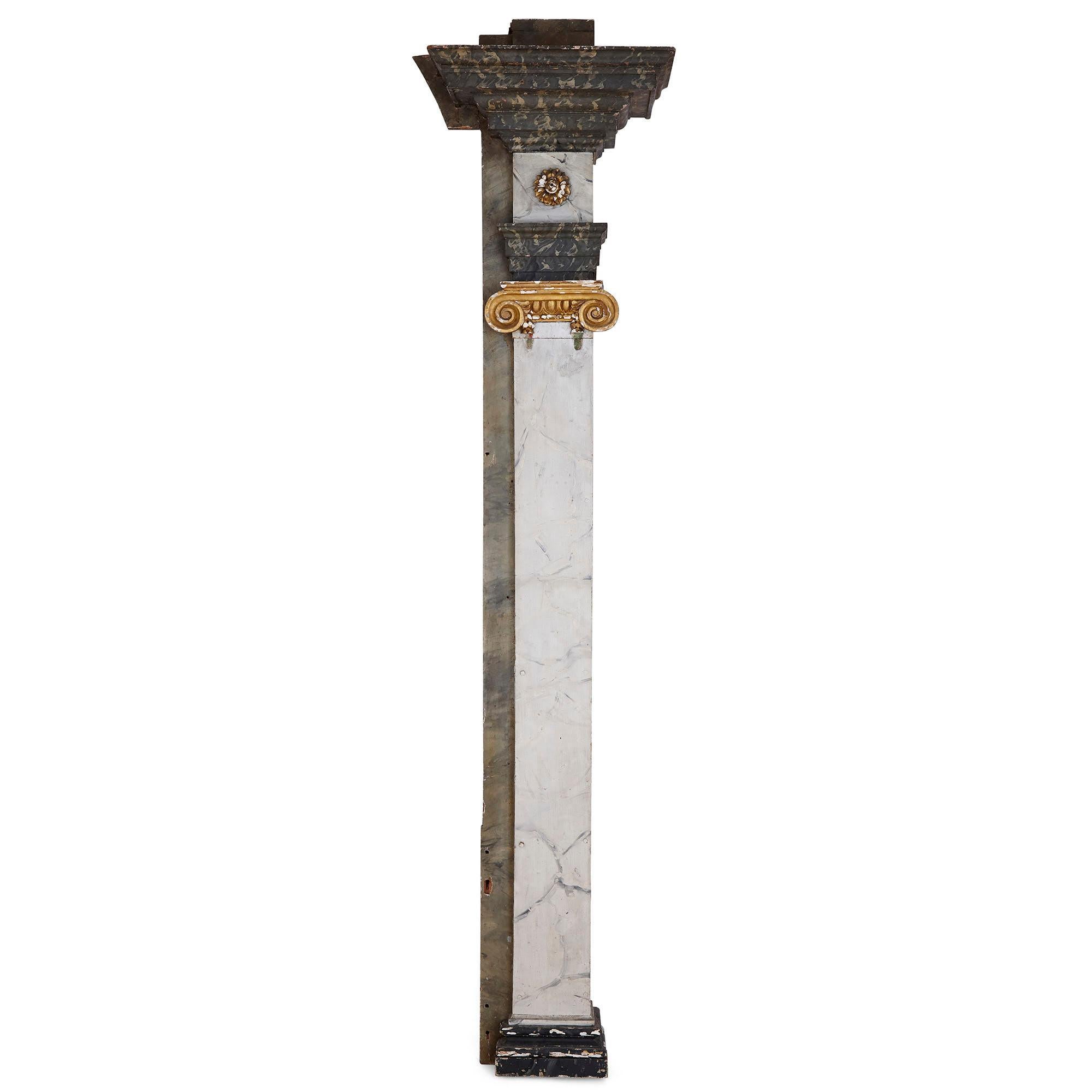 Pair of Continental gesso and wood pilaster columns
Continental, 20th century
Height 245cm, width 55cm, depth 30cm

This elegant pair of pilasters is crafted from gesso and wood in the Ionic style. Each pilaster—a square profile column that is