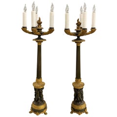 Pair of Continental Gilt and Bronze Five-Light Candelabra Lamps with Putti