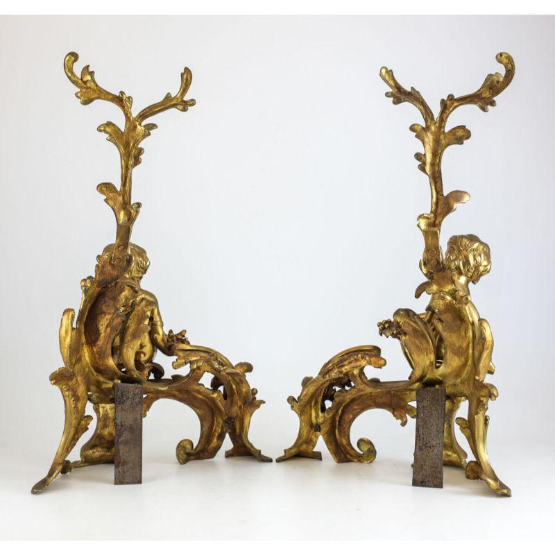 Pair of Continental Gilt Bronze Chenet Putti / Cherubs, Foliate Accents, c1900 In Good Condition For Sale In Gardena, CA