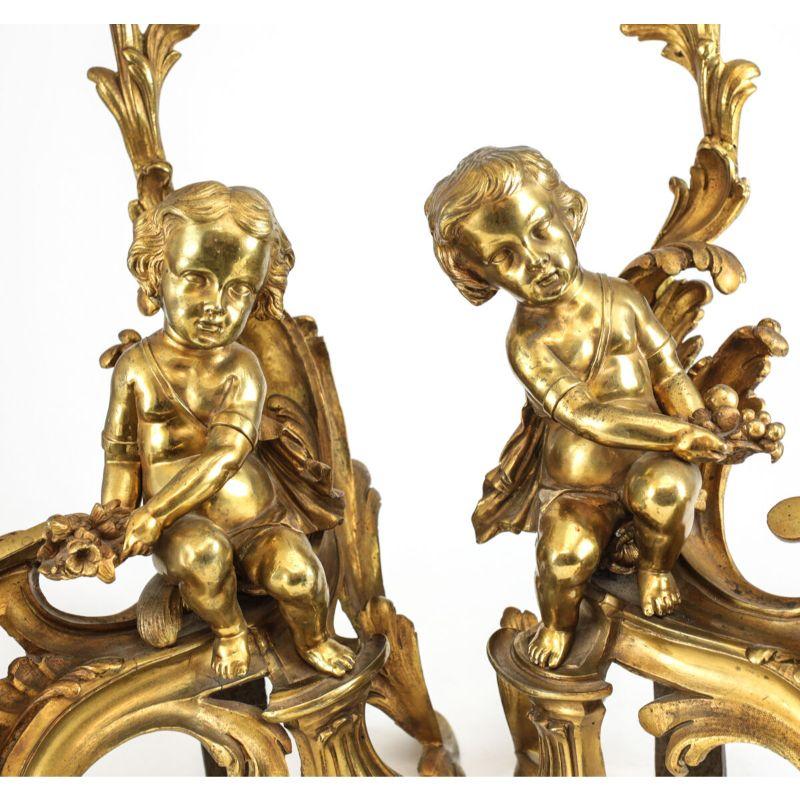 19th Century Pair of Continental Gilt Bronze Chenet Putti / Cherubs, Foliate Accents, c1900 For Sale