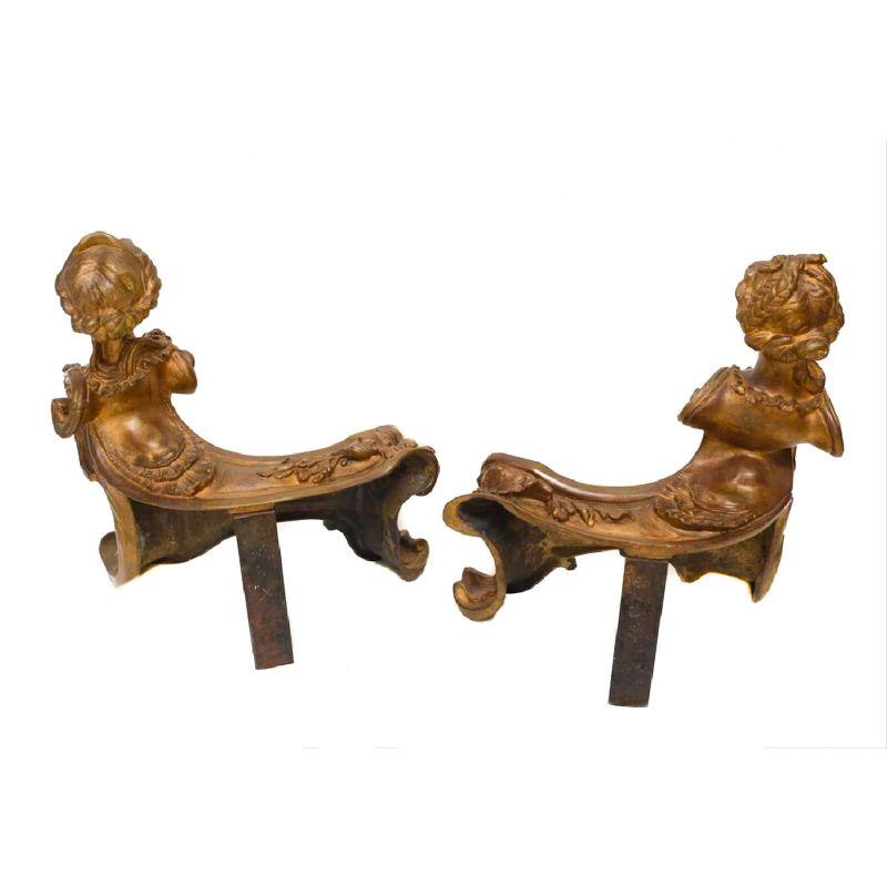 Pair of Continental Gilt Bronze Chenets Figural Women, 19th Century In Good Condition For Sale In Gardena, CA