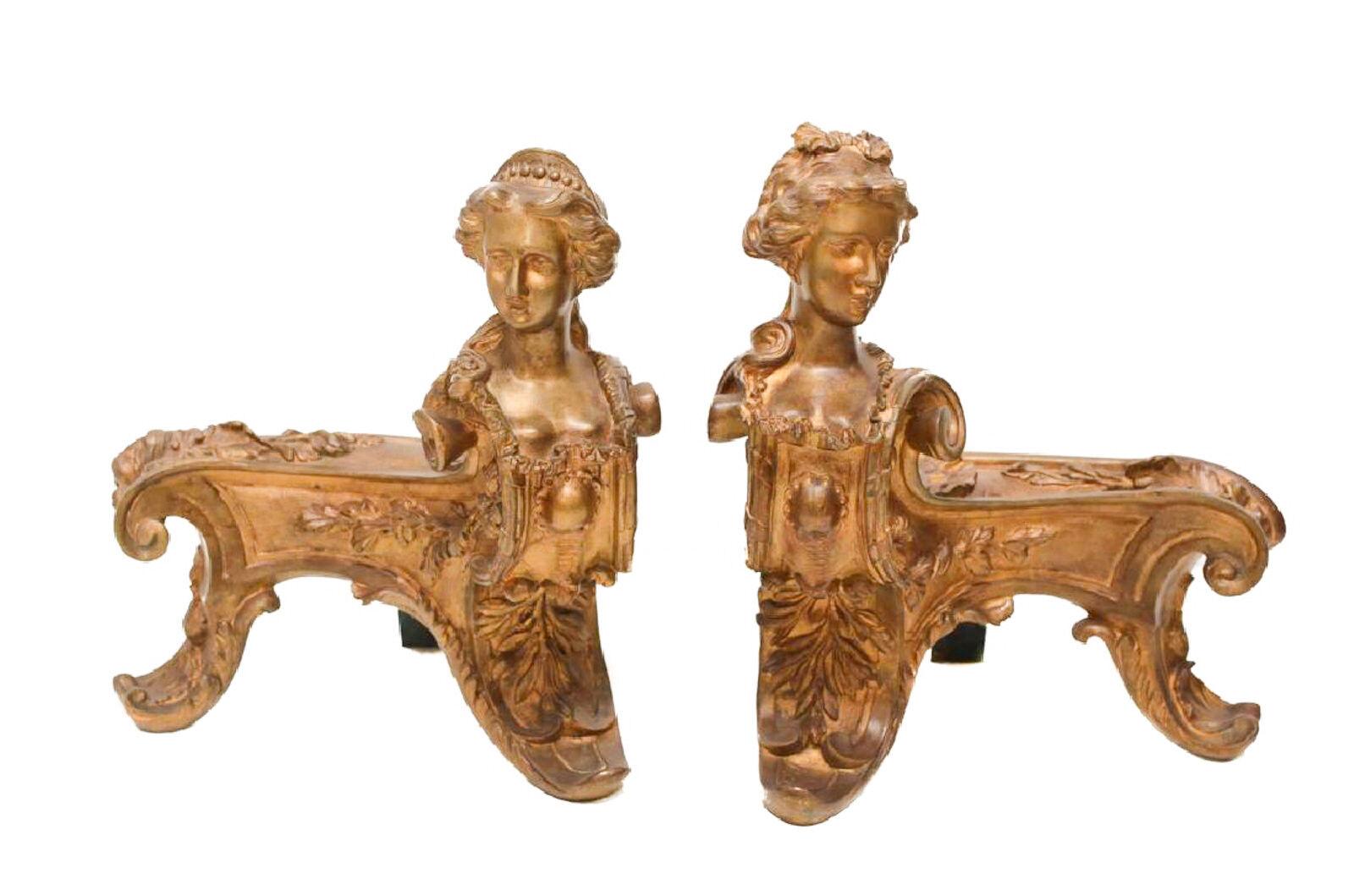Pair of Continental Gilt Bronze Chenets Figural Women, 19th Century For Sale 1