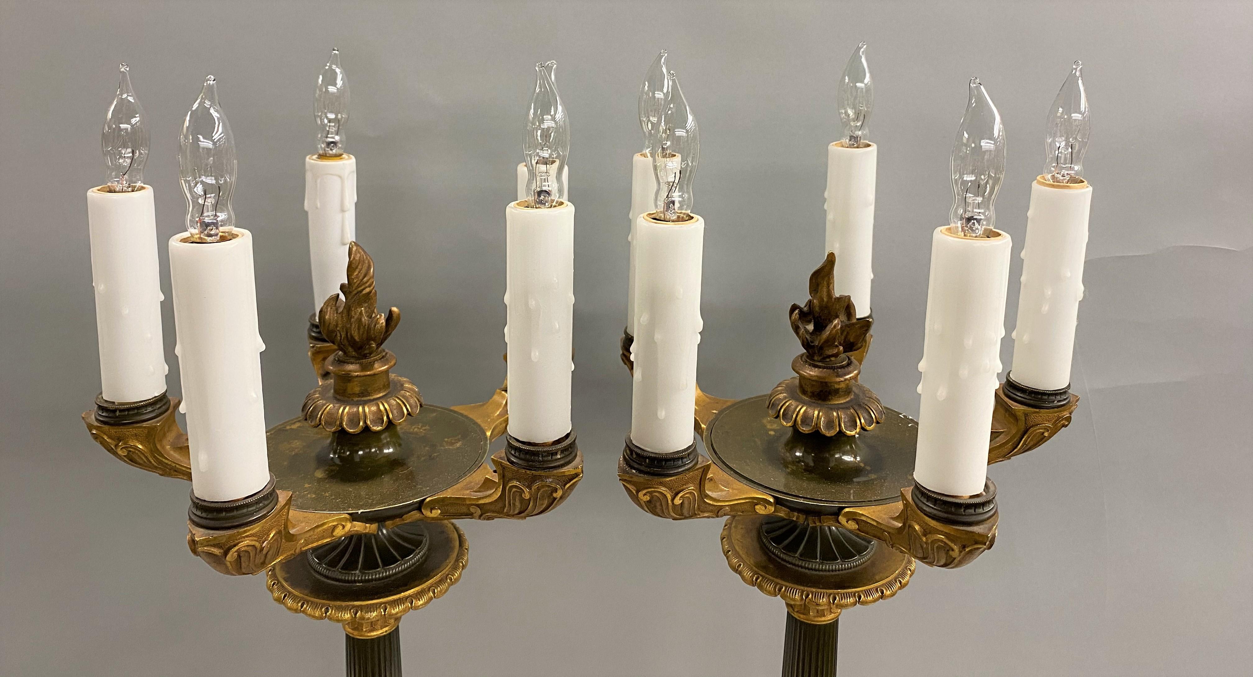 European Pair of Continental Gilt and Bronze Five-Light Candelabra Lamps with Putti