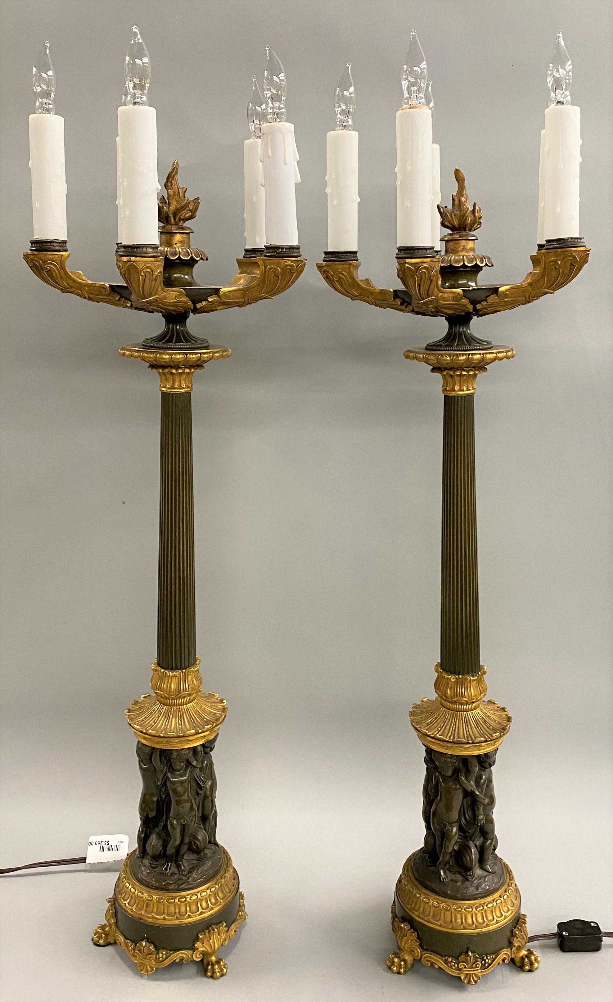 Pair of Continental Gilt and Bronze Five-Light Candelabra Lamps with Putti 1