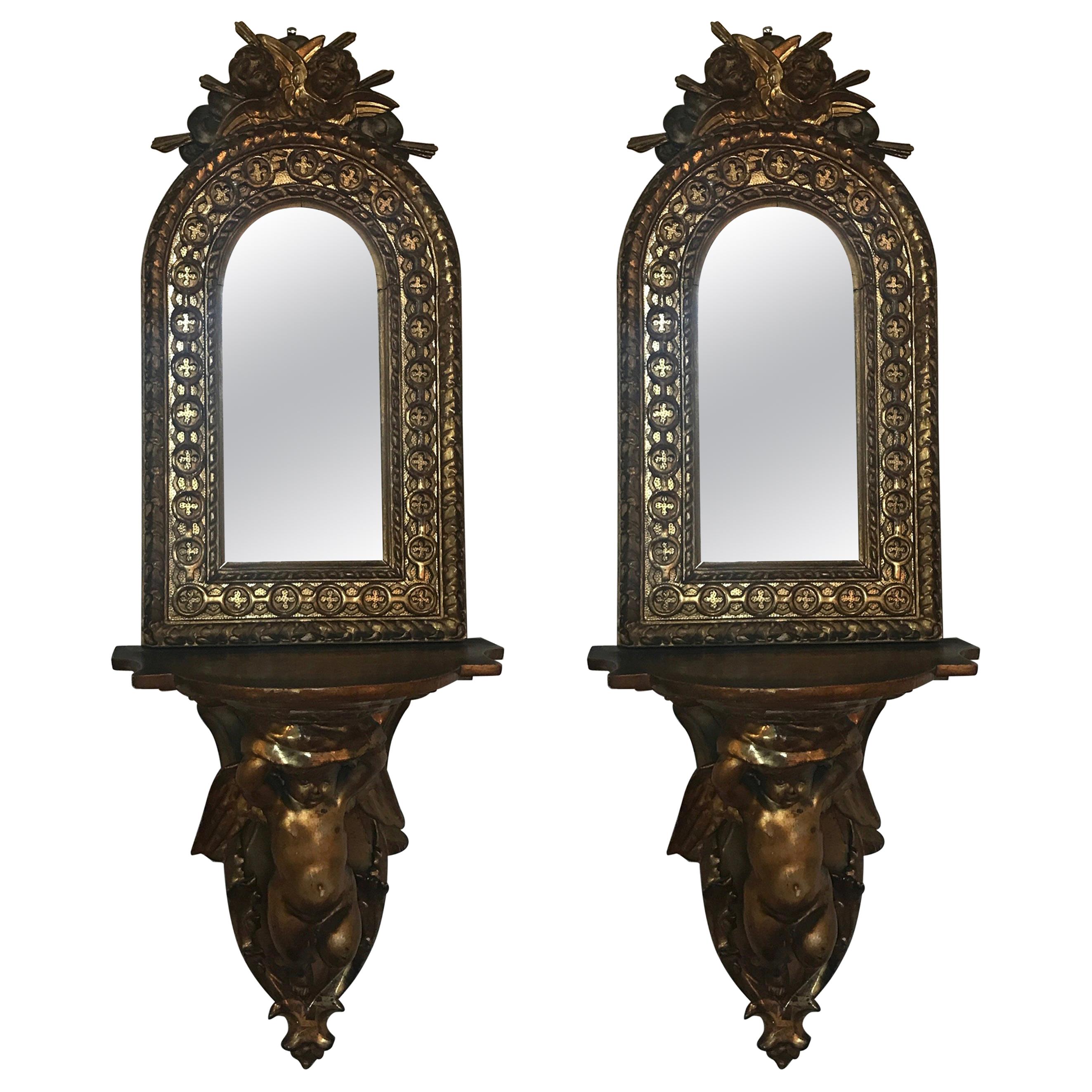 Pair of Continental Giltwood and Mirrored Sconces