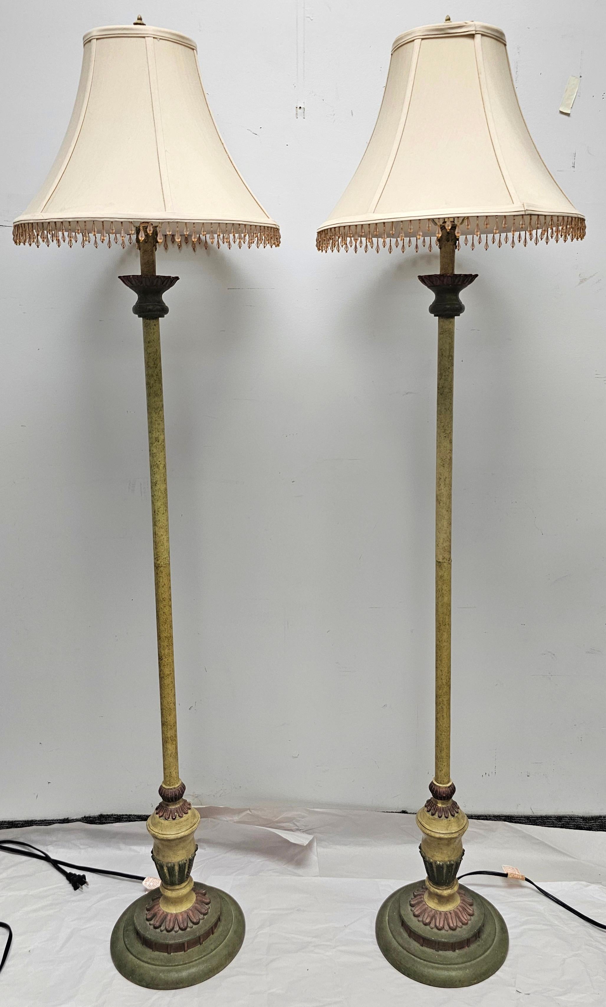 Pair of Continental Green and Parcel Gilt Decorated Floor Lamps In Good Condition For Sale In Germantown, MD