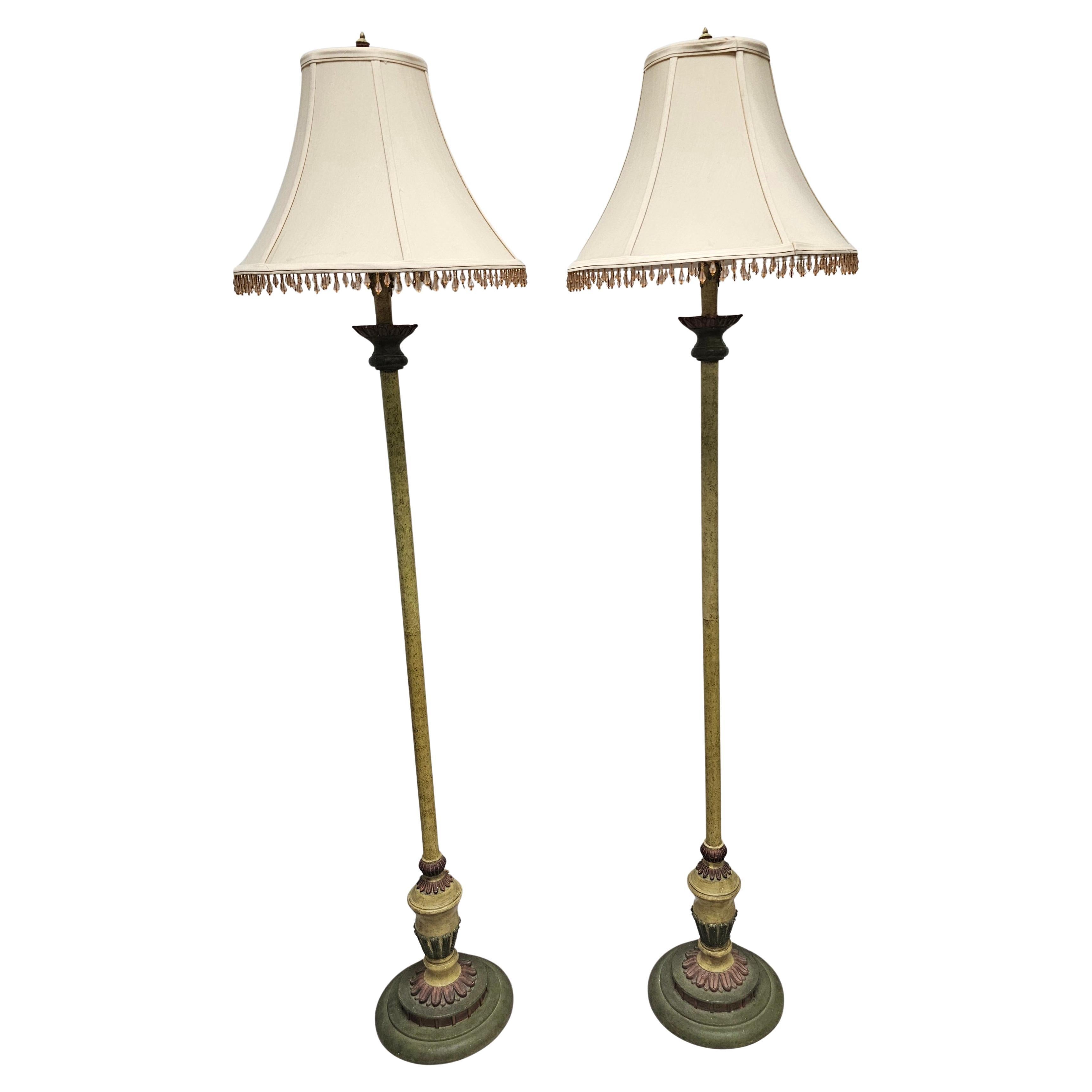 Pair of Continental Green and Parcel Gilt Decorated Floor Lamps For Sale