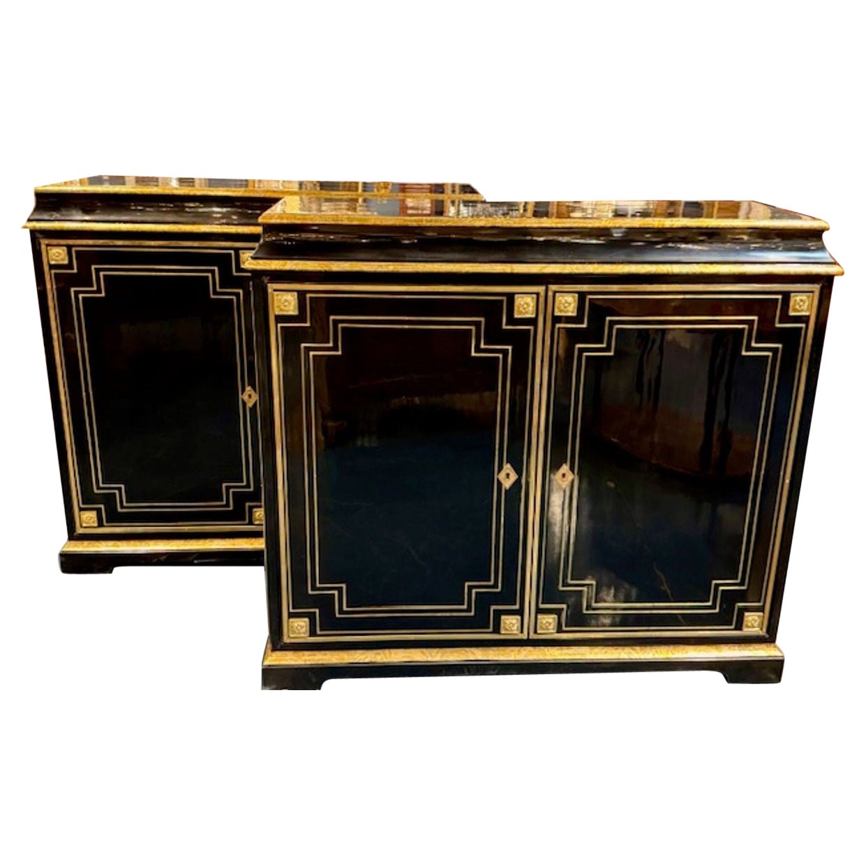 Pair of Continental Louis XVI Black Lacquered Chests with Bronze