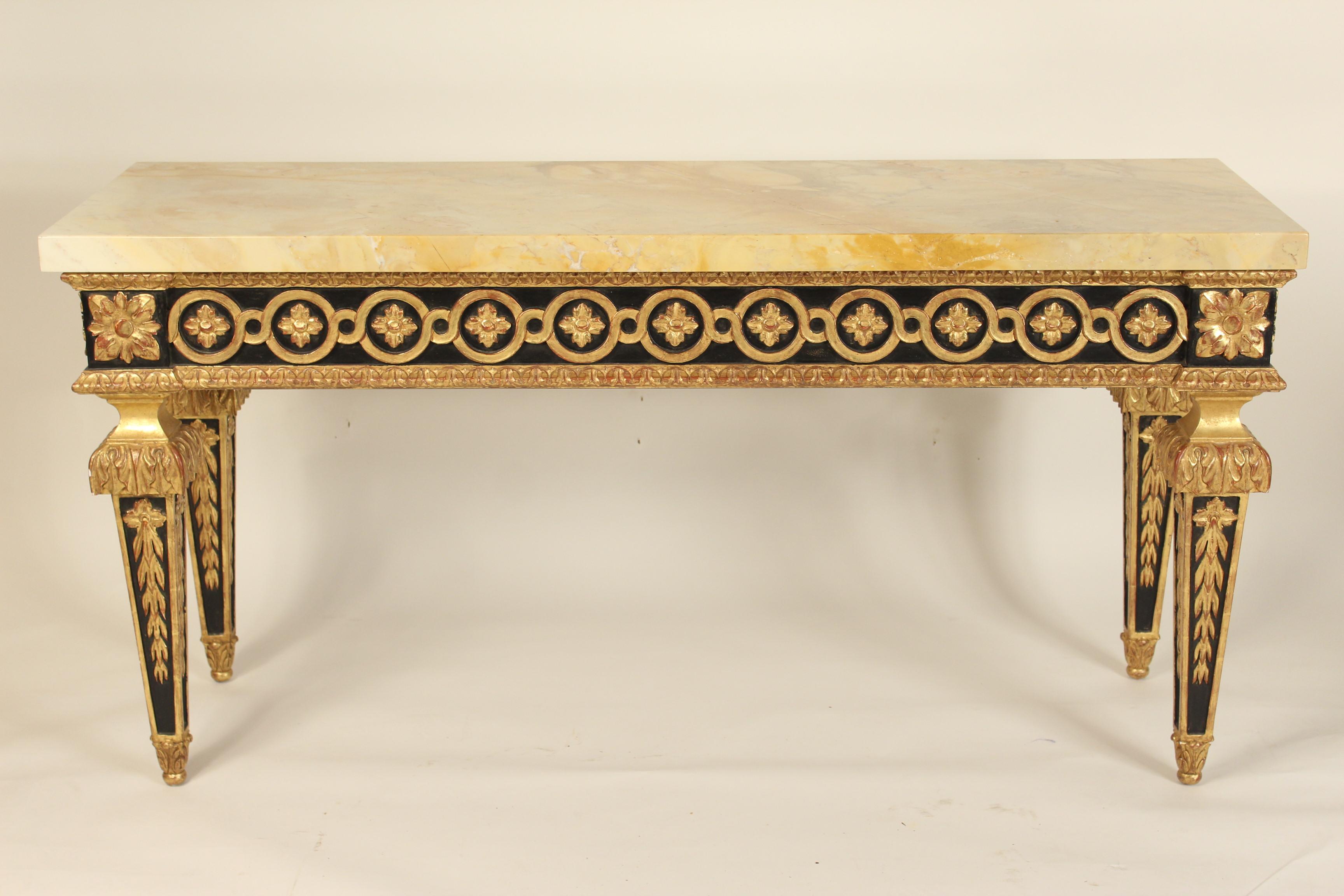 Unknown Pair of Continental Louis XVI Style Painted and Gilt Decorated Console Tables