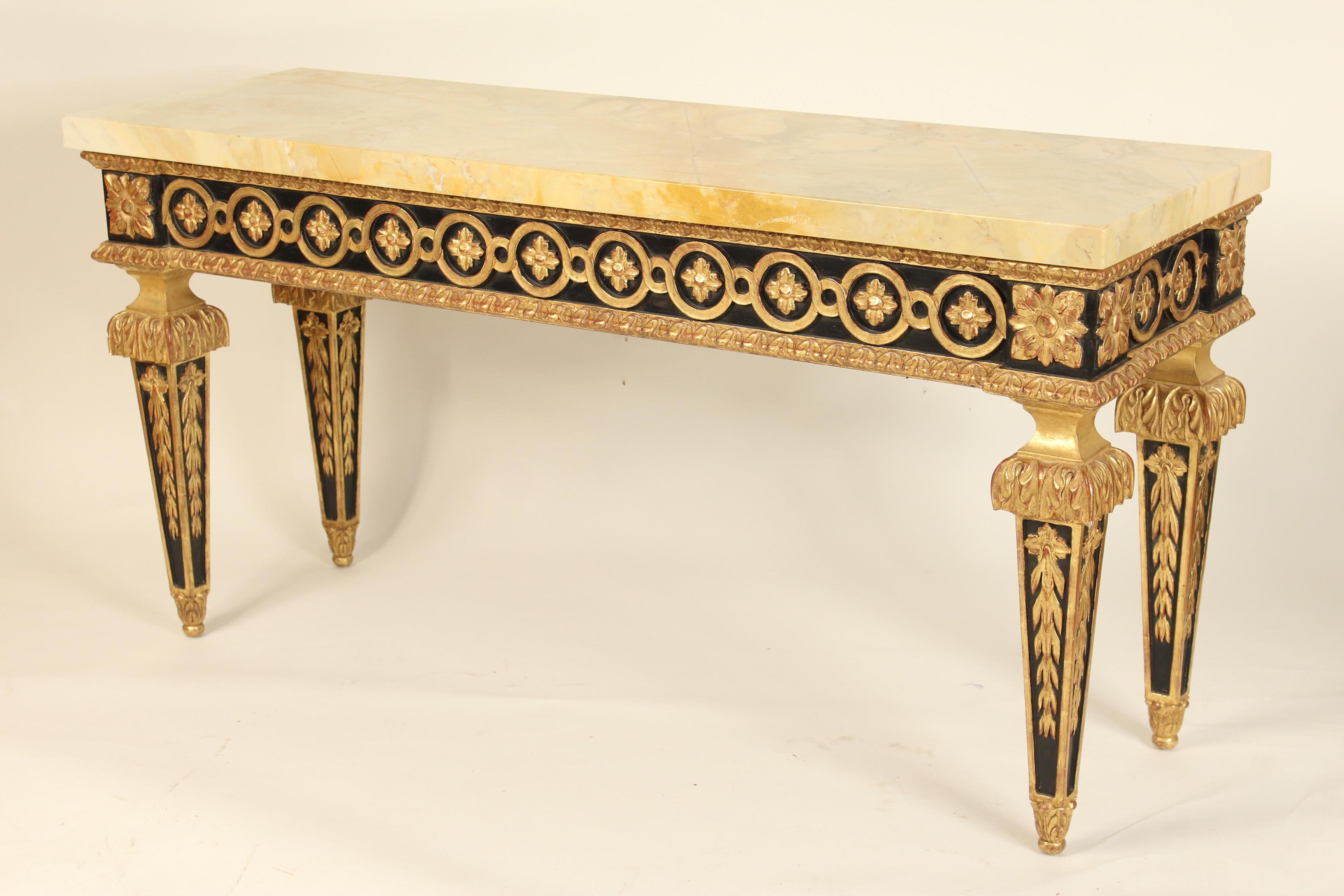 Pair of Continental Louis XVI Style Painted and Gilt Decorated Console Tables In Good Condition In Laguna Beach, CA