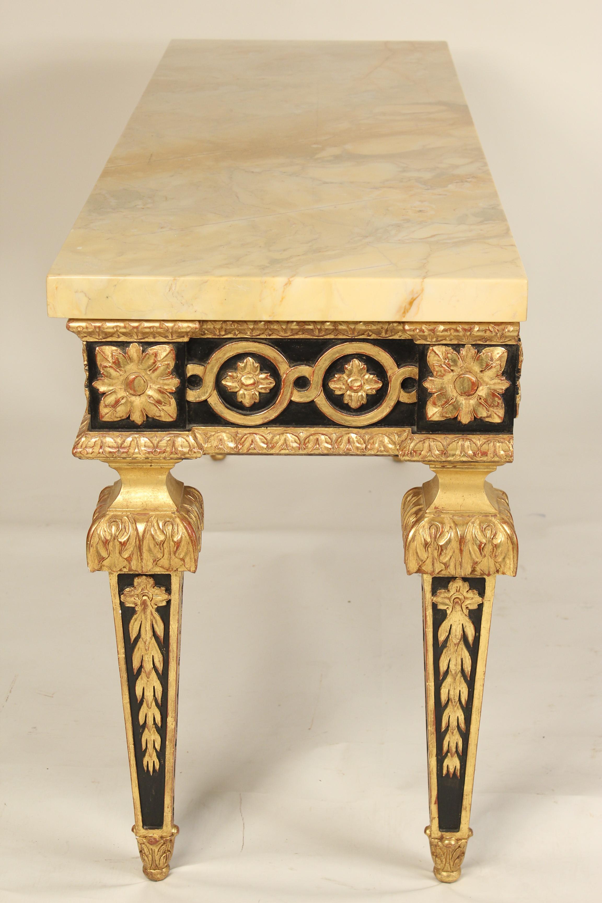 Contemporary Pair of Continental Louis XVI Style Painted and Gilt Decorated Console Tables