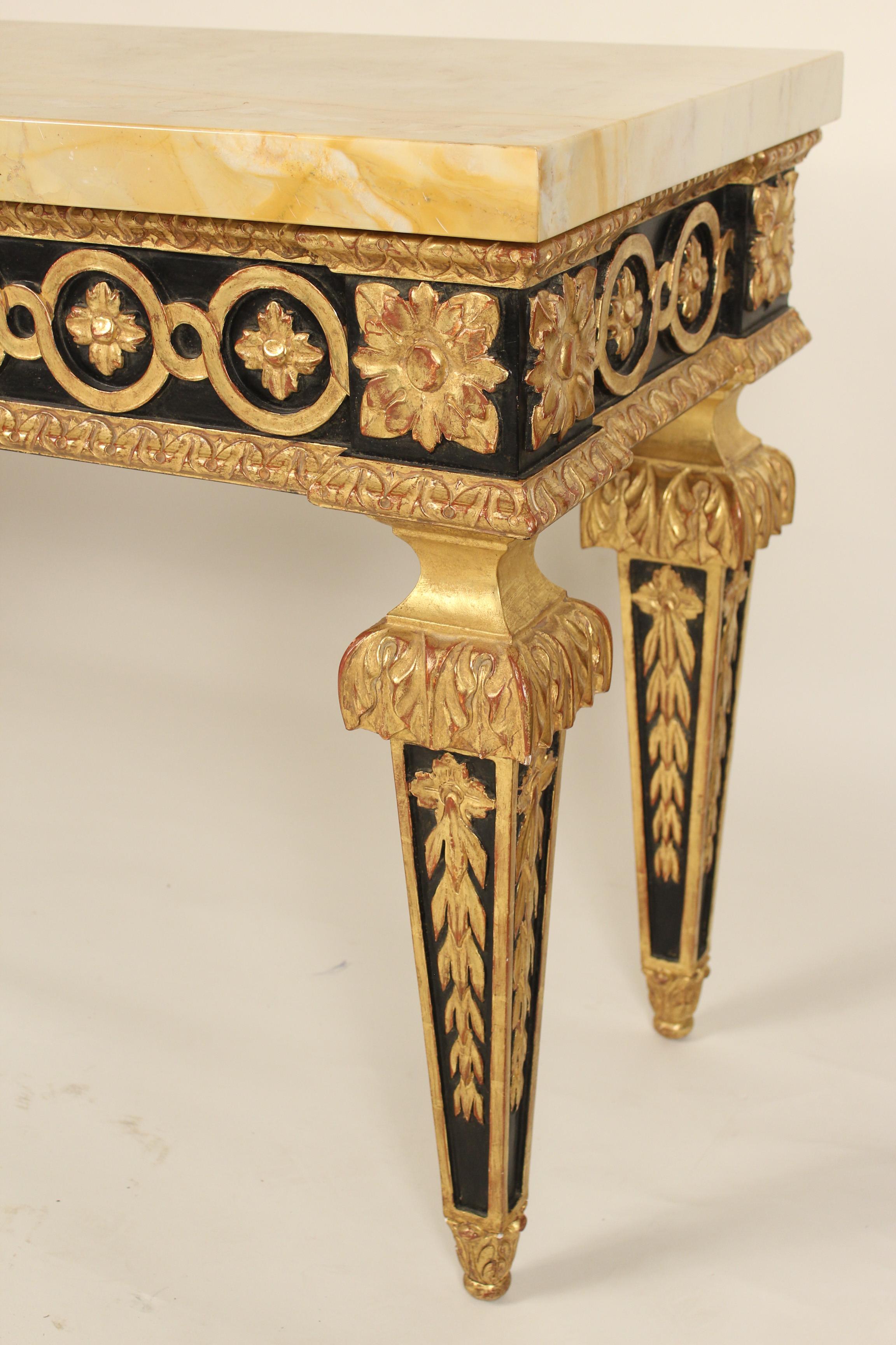 Marble Pair of Continental Louis XVI Style Painted and Gilt Decorated Console Tables