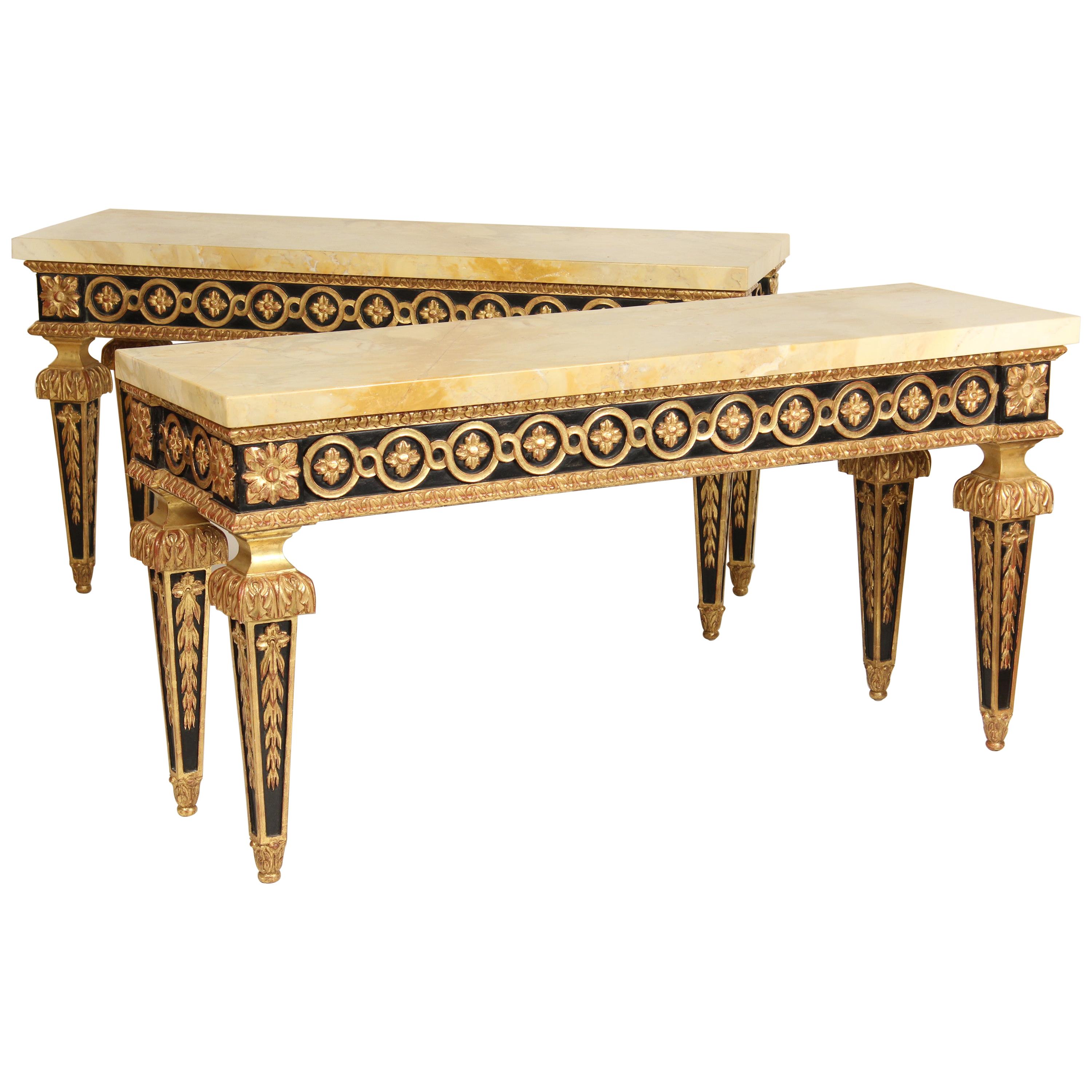 Pair of Continental Louis XVI Style Painted and Gilt Decorated Console Tables