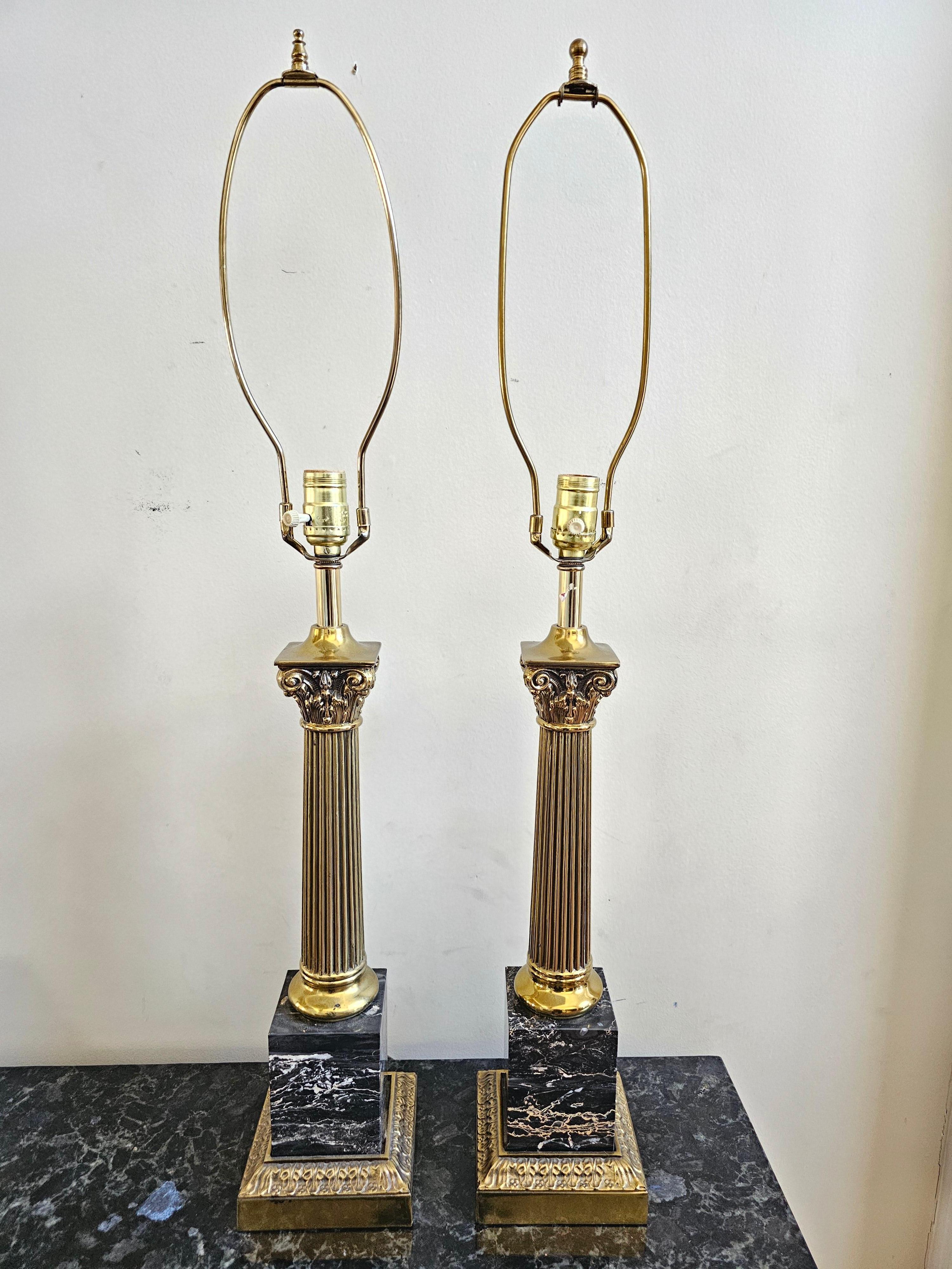 Pair Of Continental Marble And Brass Columnar Table Lamps In Good Condition For Sale In Germantown, MD