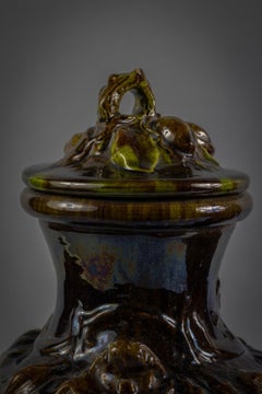 Pair of Continental Mottled Green Glazed Ceramic Covered Vases, Circa 1880