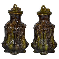 Antique Pair of Continental Mottled Green Glazed Ceramic Covered Vases, Circa 1880