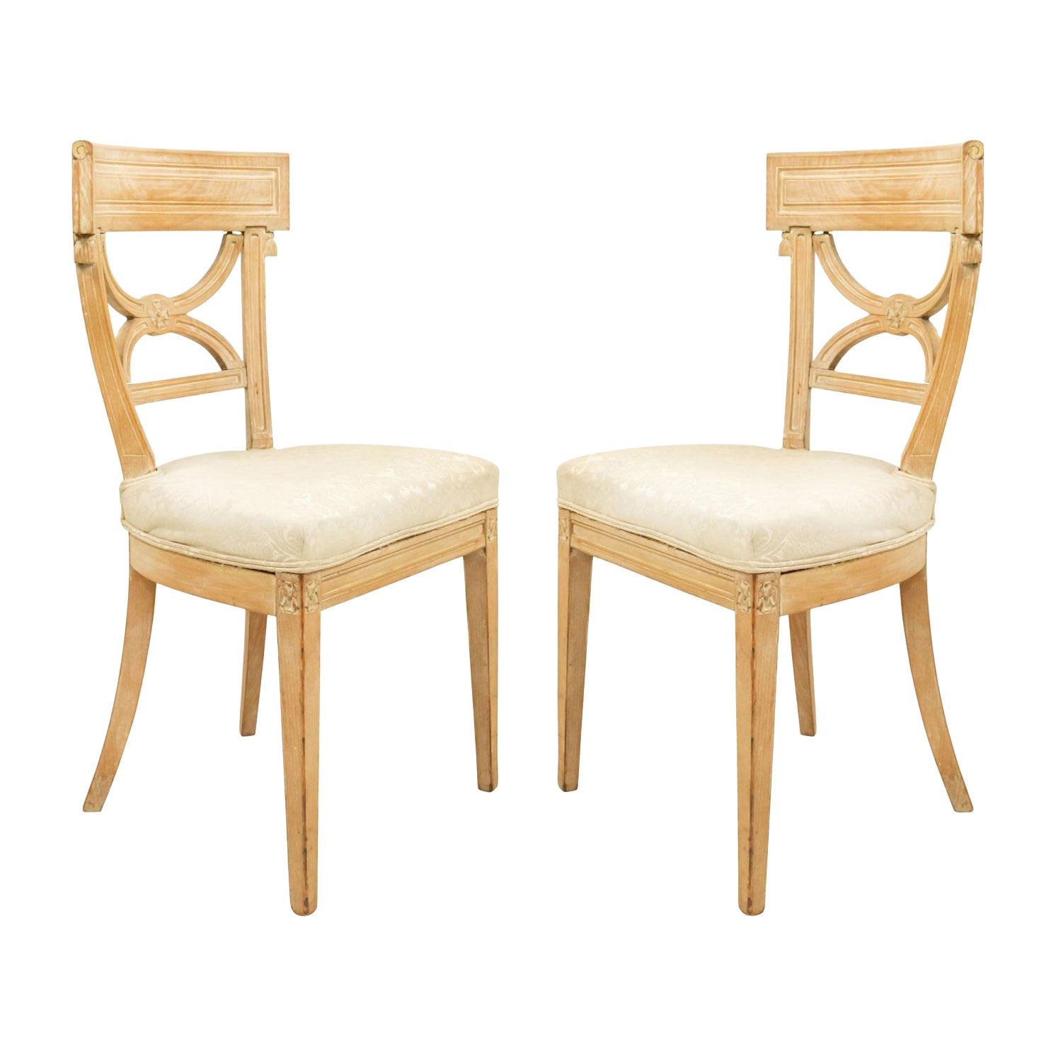 Pair of Continental Neoclassic White Damask Side Chairs For Sale