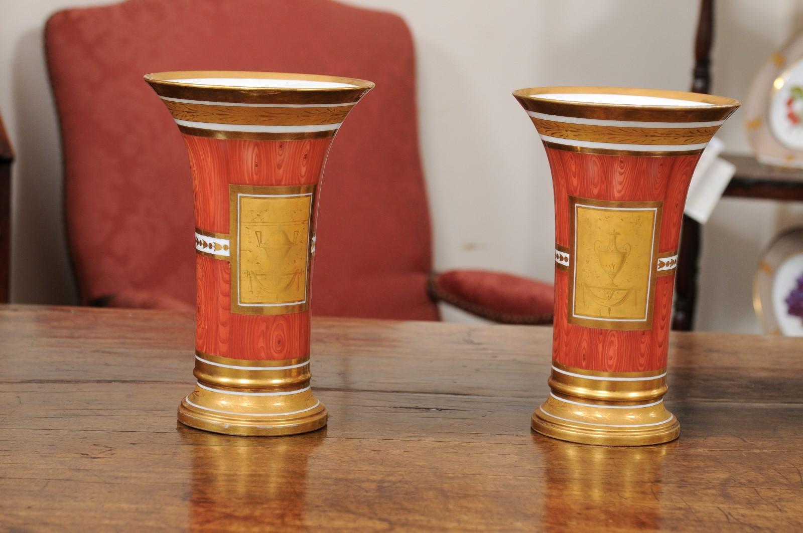 Pair of Continental Orange Faux Bois & Gilt Vases with Neoclassical Motif 4
