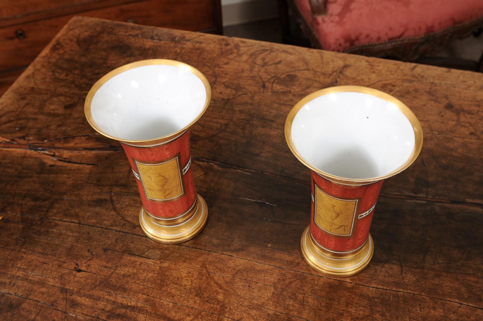Pair of Continental Orange Faux Bois & Gilt Vases with Neoclassical Motif 5