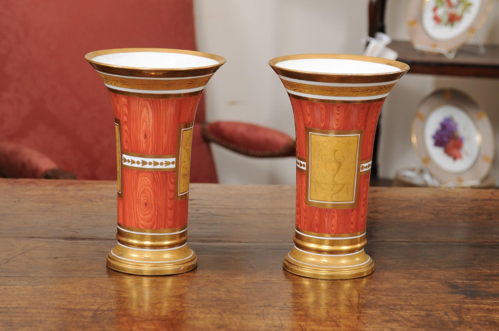 Pair of Continental Orange Faux Bois & Gilt Vases with Neoclassical Motif 6