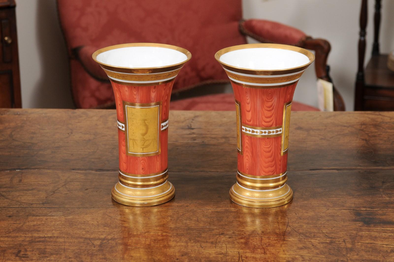 Pair of Continental Orange Faux Bois & Gilt Vases with Neoclassical Motif, Early 19th Century