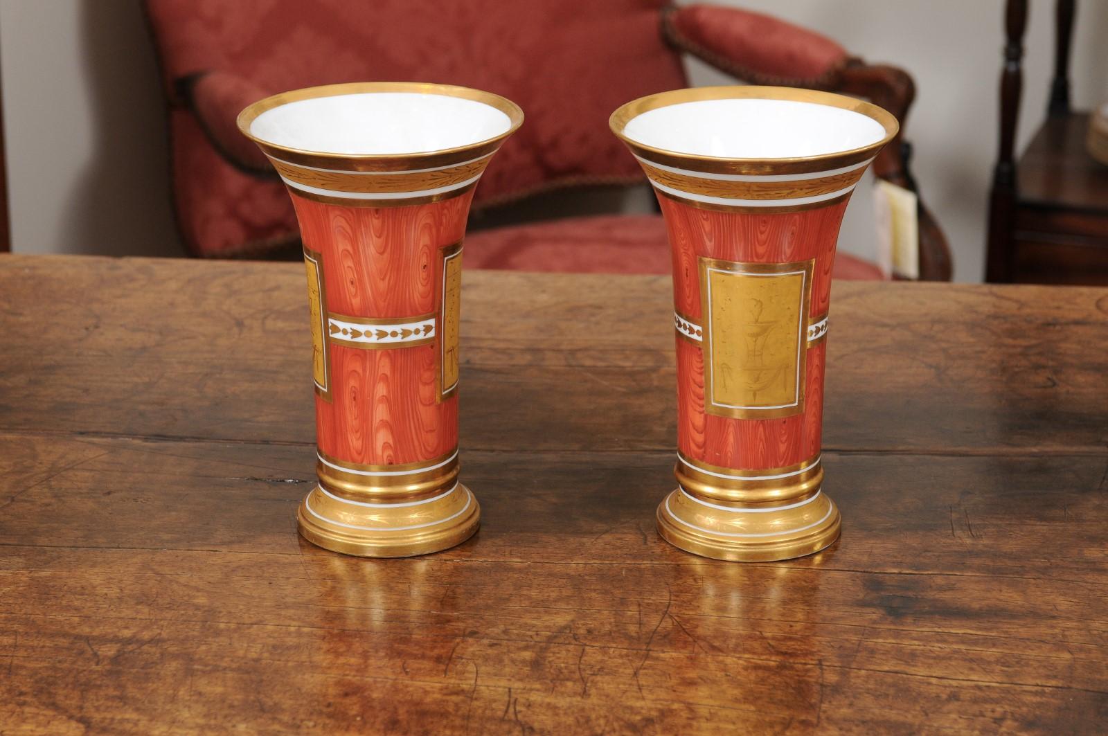 Unknown Pair of Continental Orange Faux Bois & Gilt Vases with Neoclassical Motif