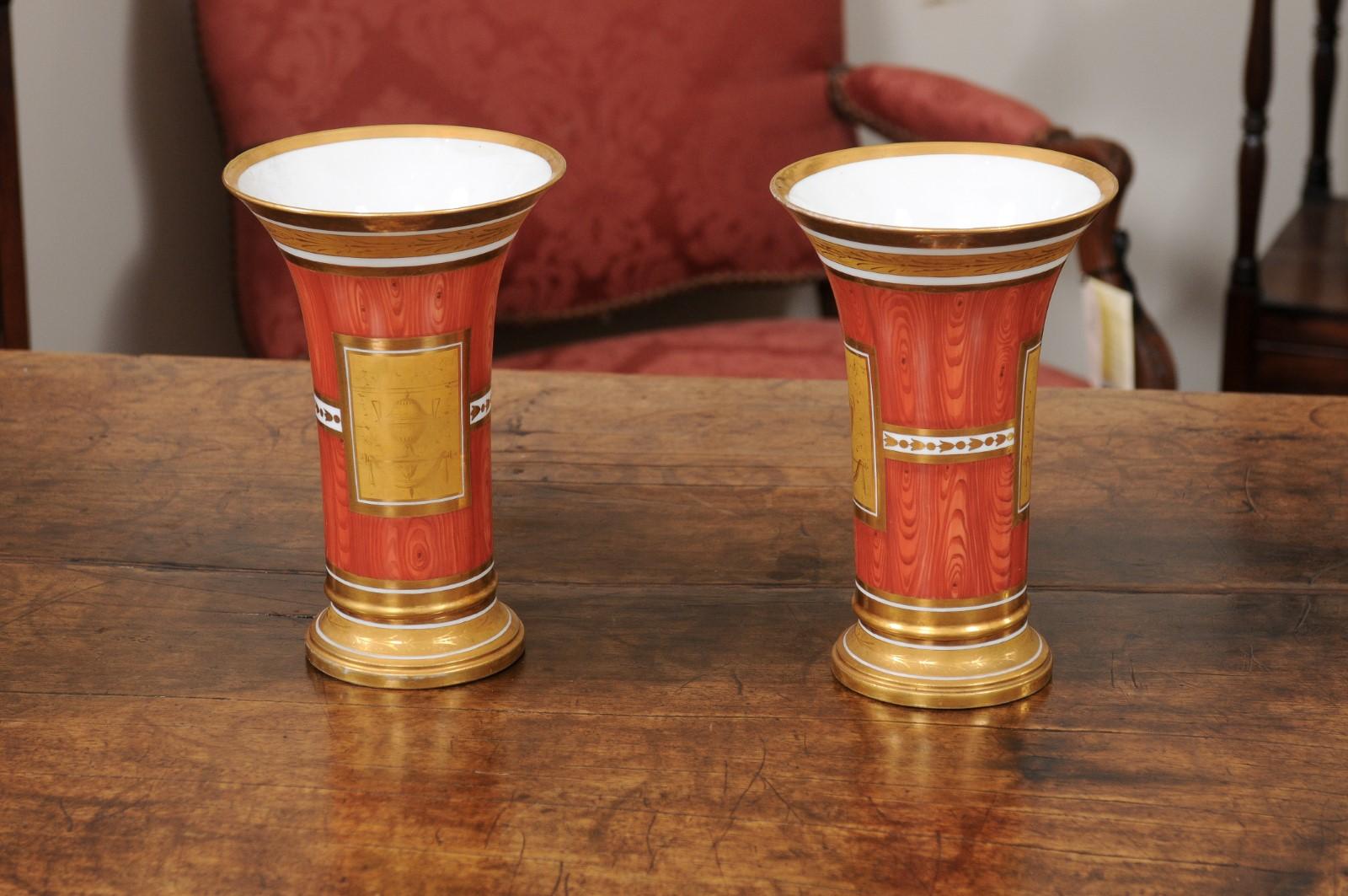 Pair of Continental Orange Faux Bois & Gilt Vases with Neoclassical Motif In Good Condition In Atlanta, GA