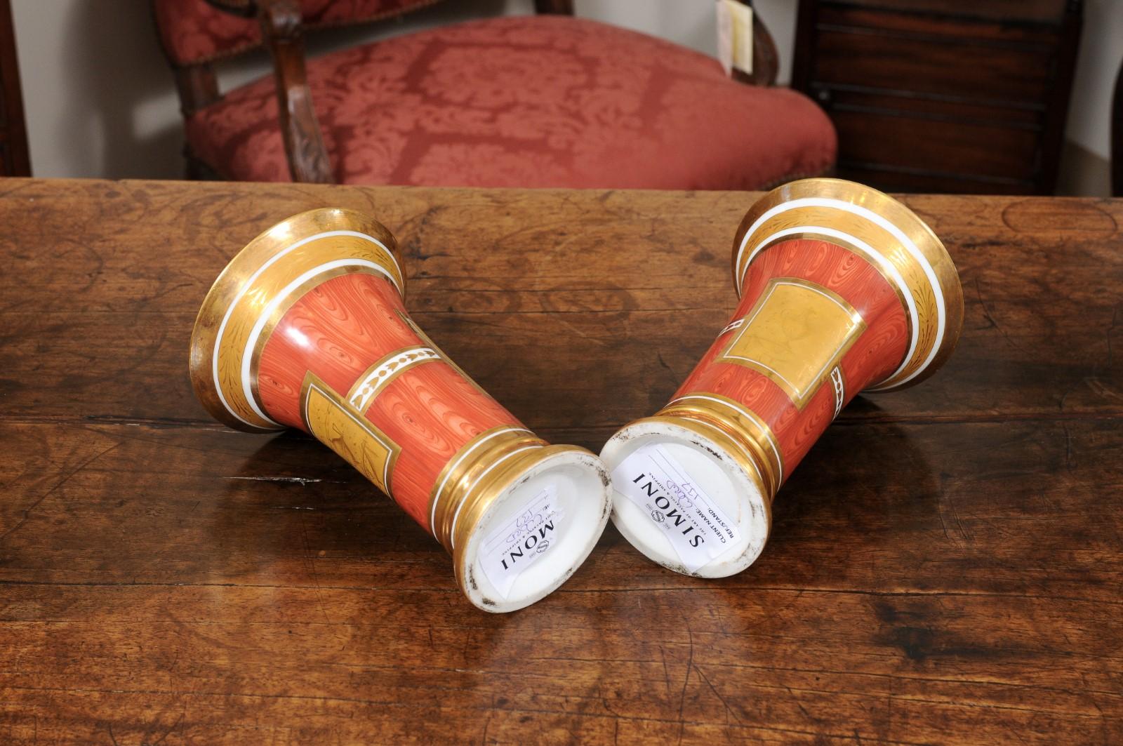 Ceramic Pair of Continental Orange Faux Bois & Gilt Vases with Neoclassical Motif For Sale
