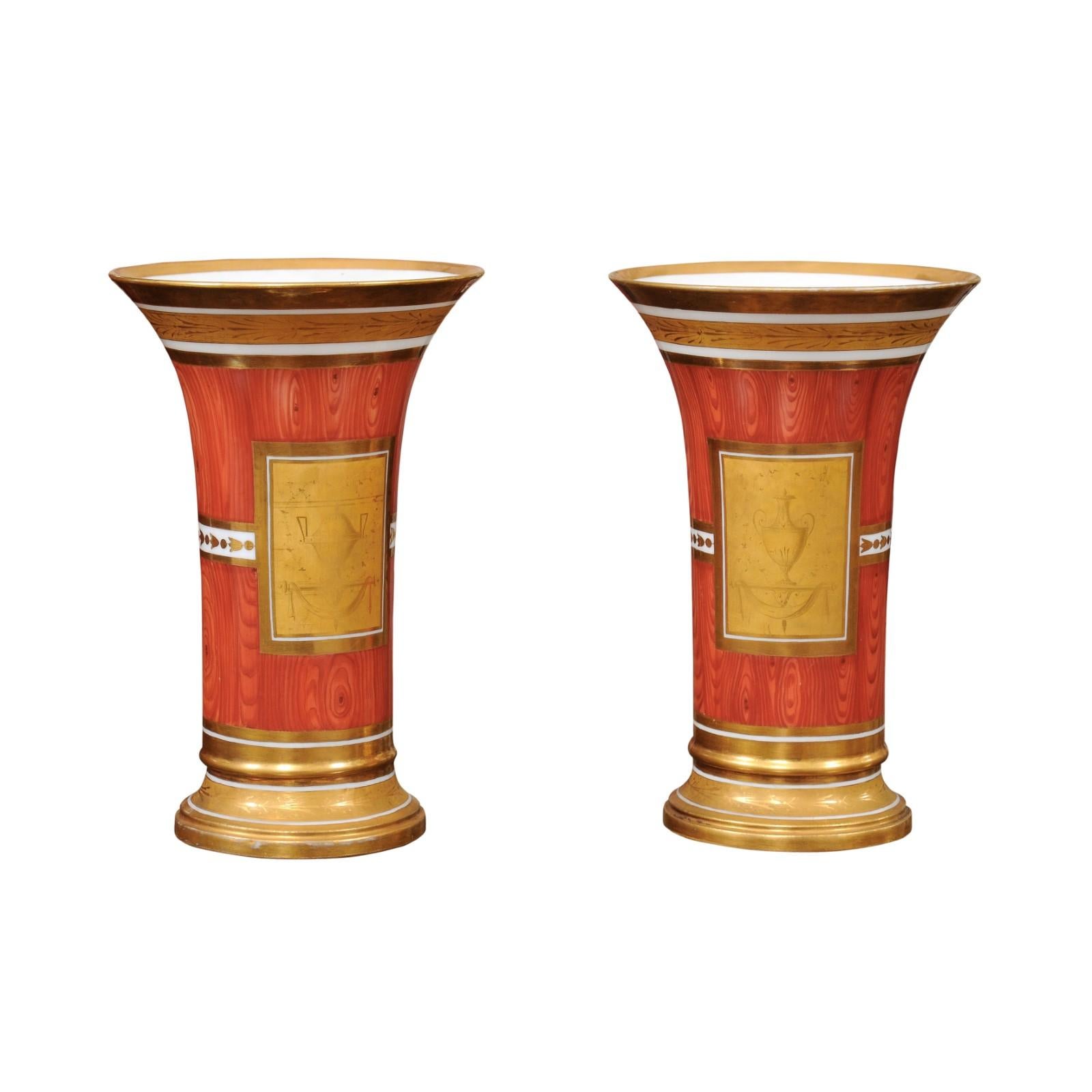 Pair of Continental Orange Faux Bois & Gilt Vases with Neoclassical Motif 2