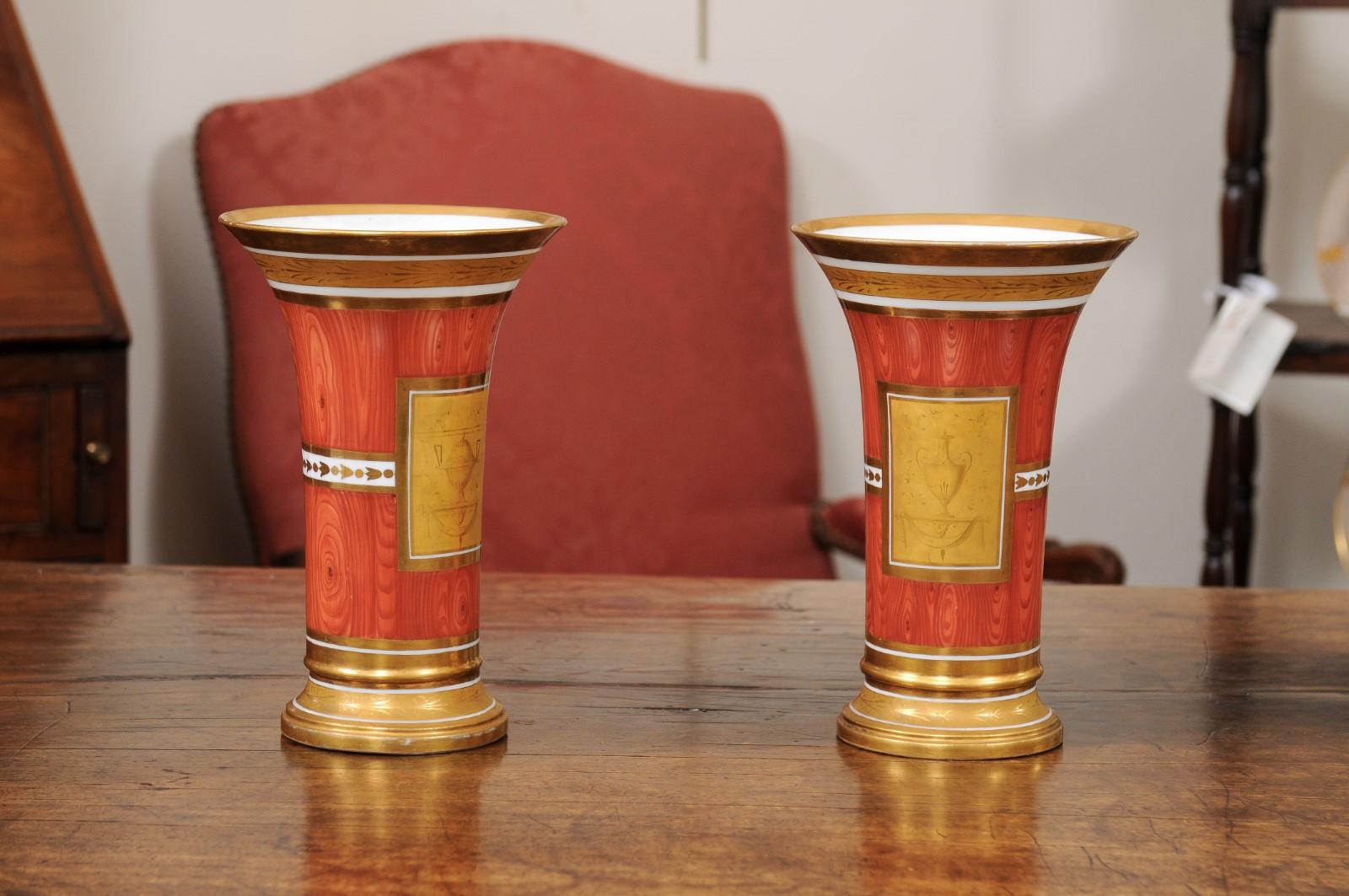Pair of Continental Orange Faux Bois & Gilt Vases with Neoclassical Motif 3