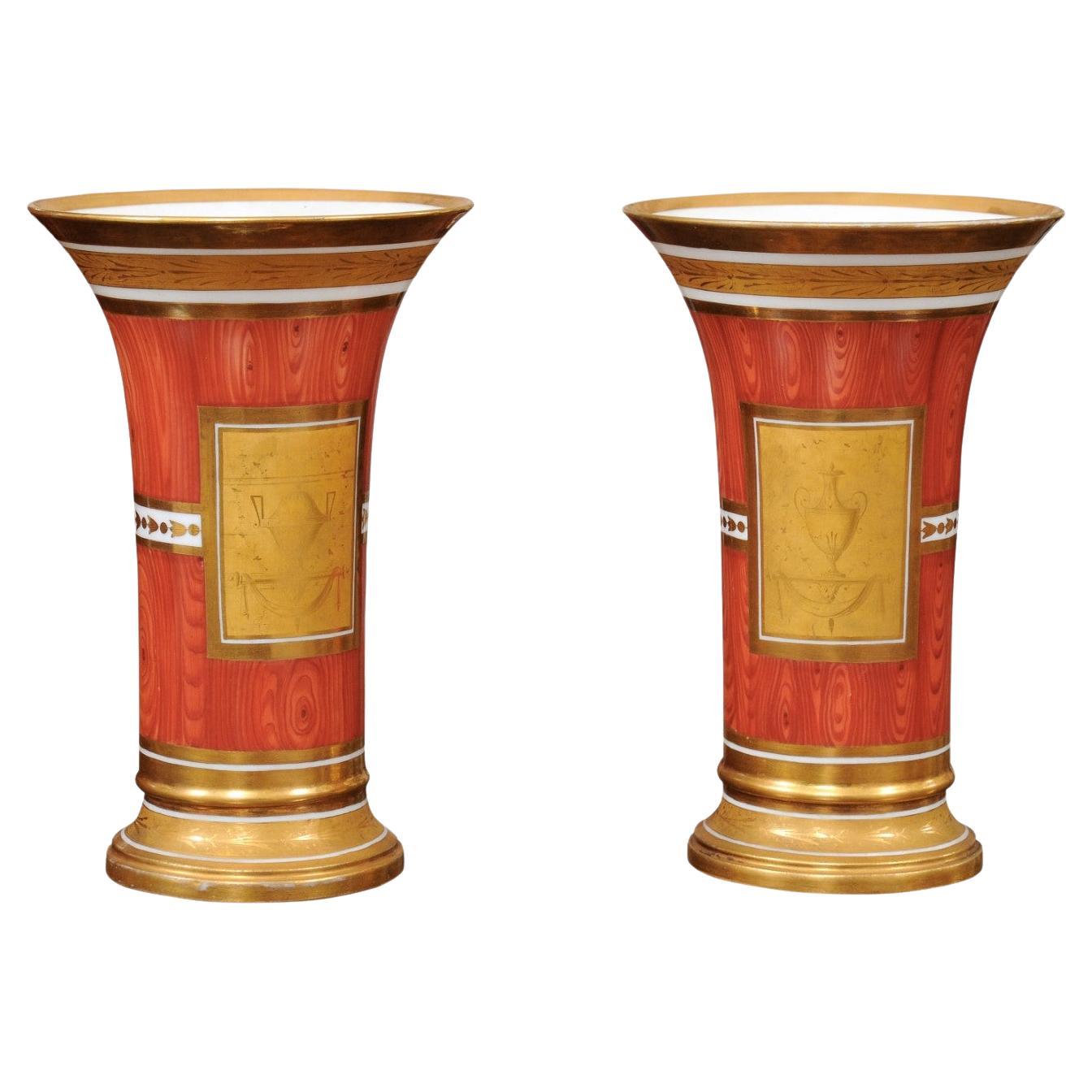 Pair of Continental Orange Faux Bois & Gilt Vases with Neoclassical Motif For Sale