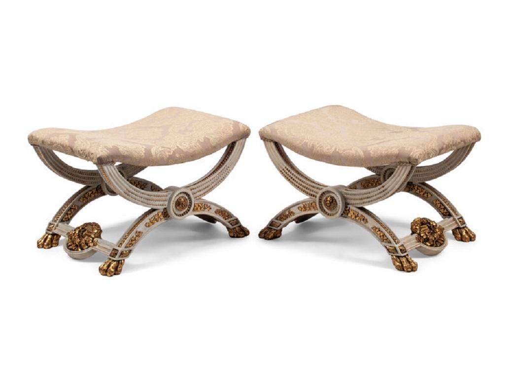 American Pair of Continental Painted and Parcel Gilt Curule-Form Tabourets, 20th Century For Sale