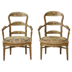 Antique Pair of Continental Painted Armchairs with Needlework Seats