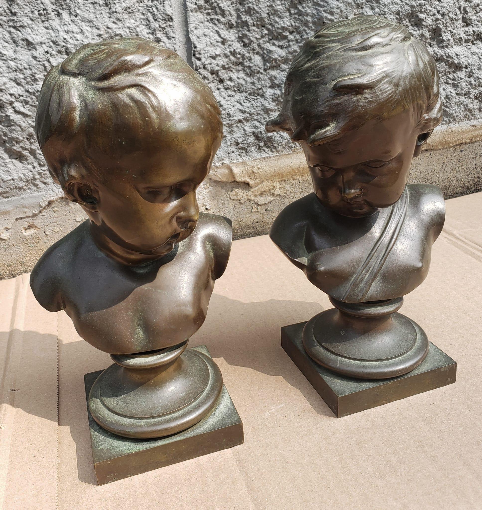 19th Century Pair of Continental Patinated Bronze Busts Of Youths, Circa 1880s For Sale