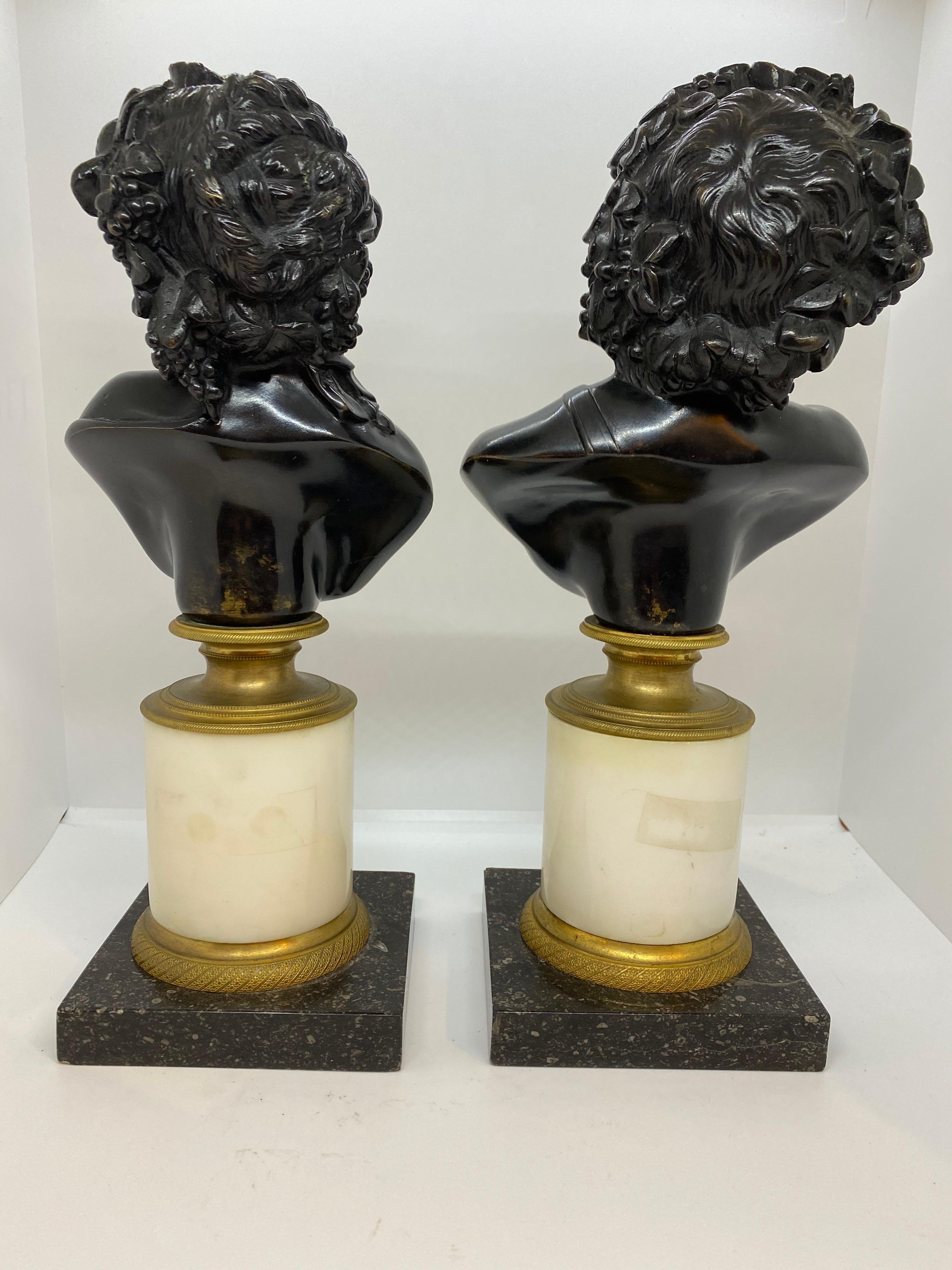 French Pair of Continental Patinated Bronze Busts on Marble Plinths For Sale