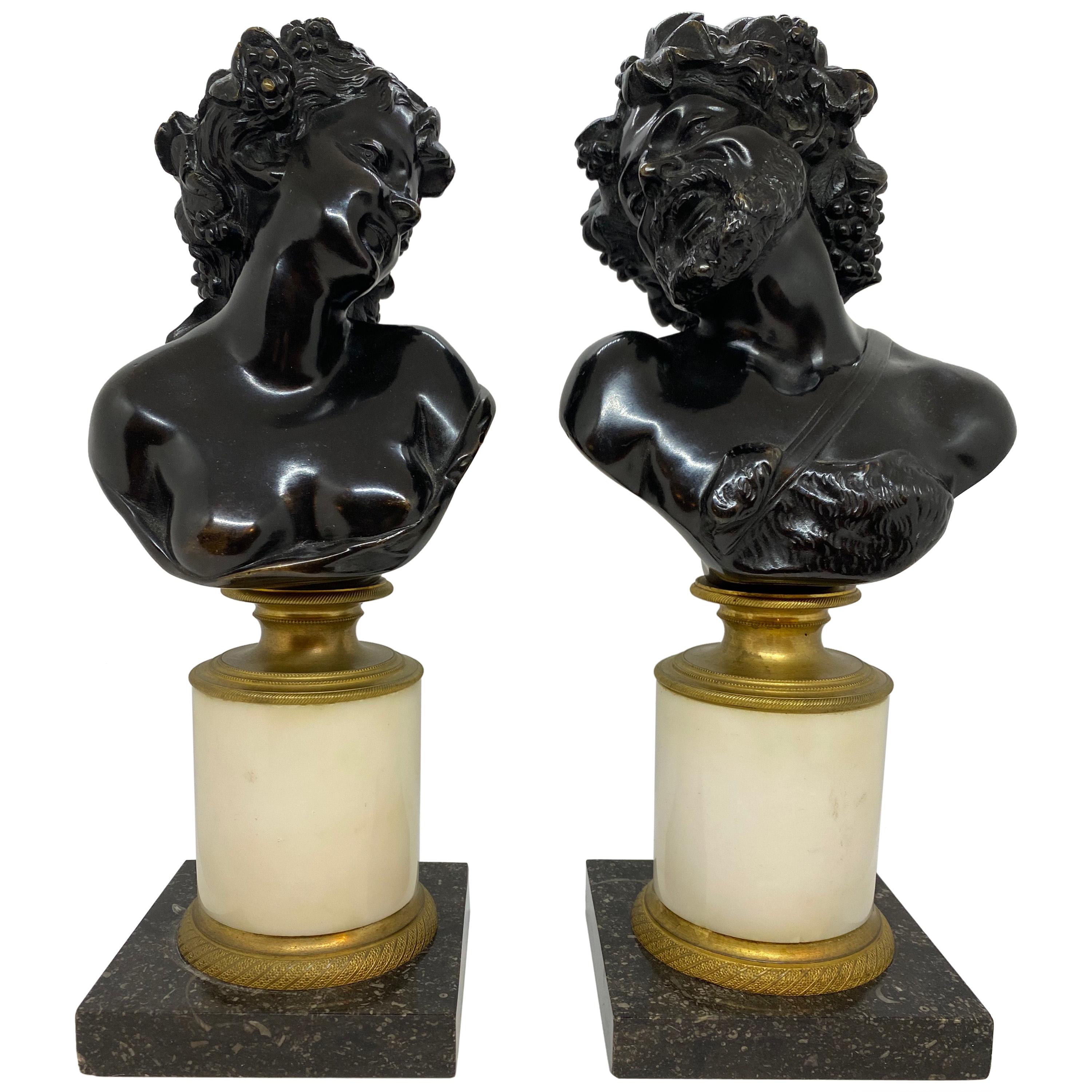 Pair of Continental Patinated Bronze Busts on Marble Plinths For Sale