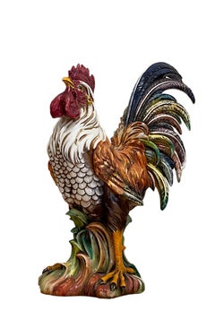 Coppia di galli continentali in ceramica decorata in policromia