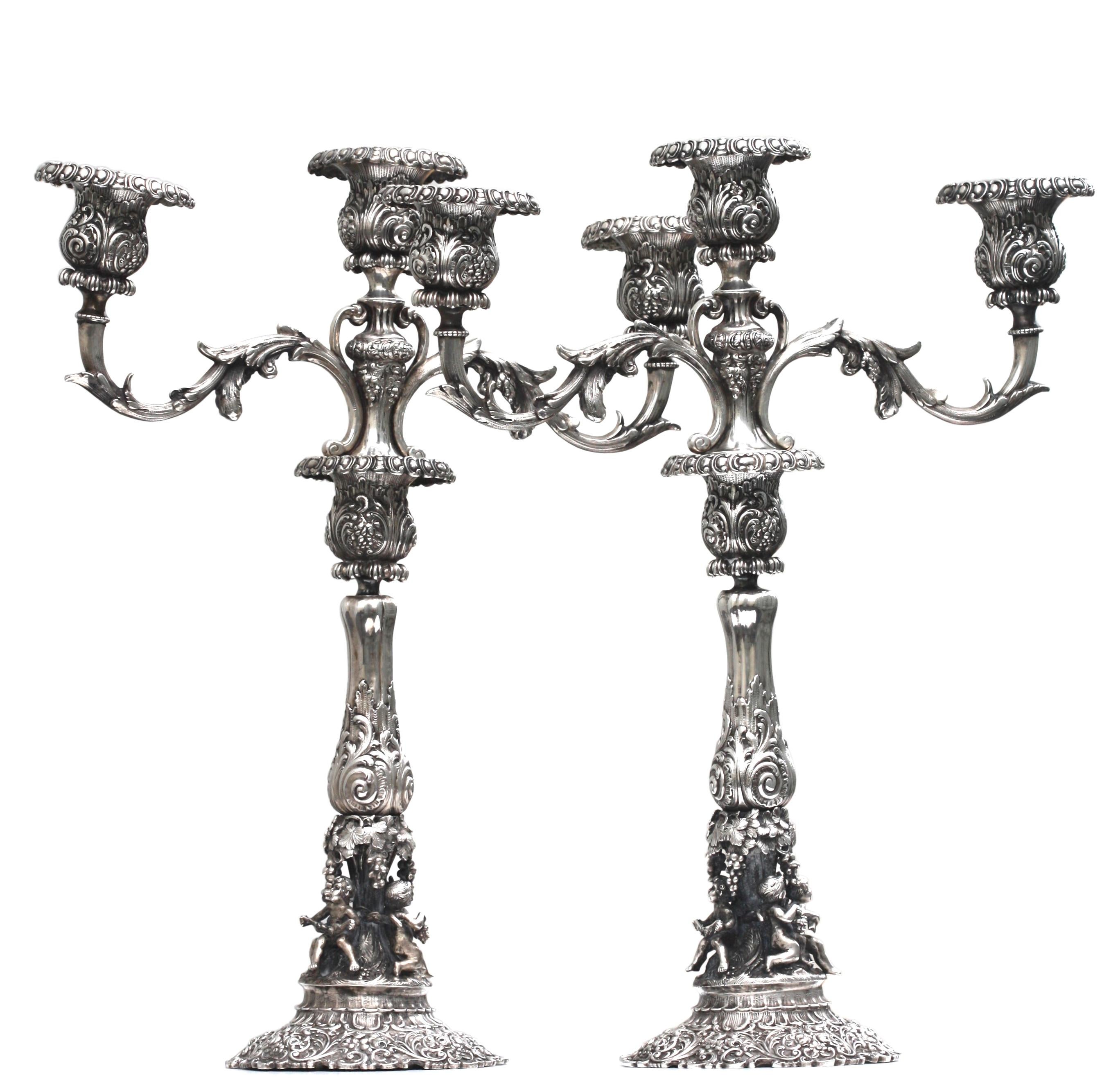Pair of Continental Renaissance Style Silver Three-Light Candelabra Late 19th For Sale 7
