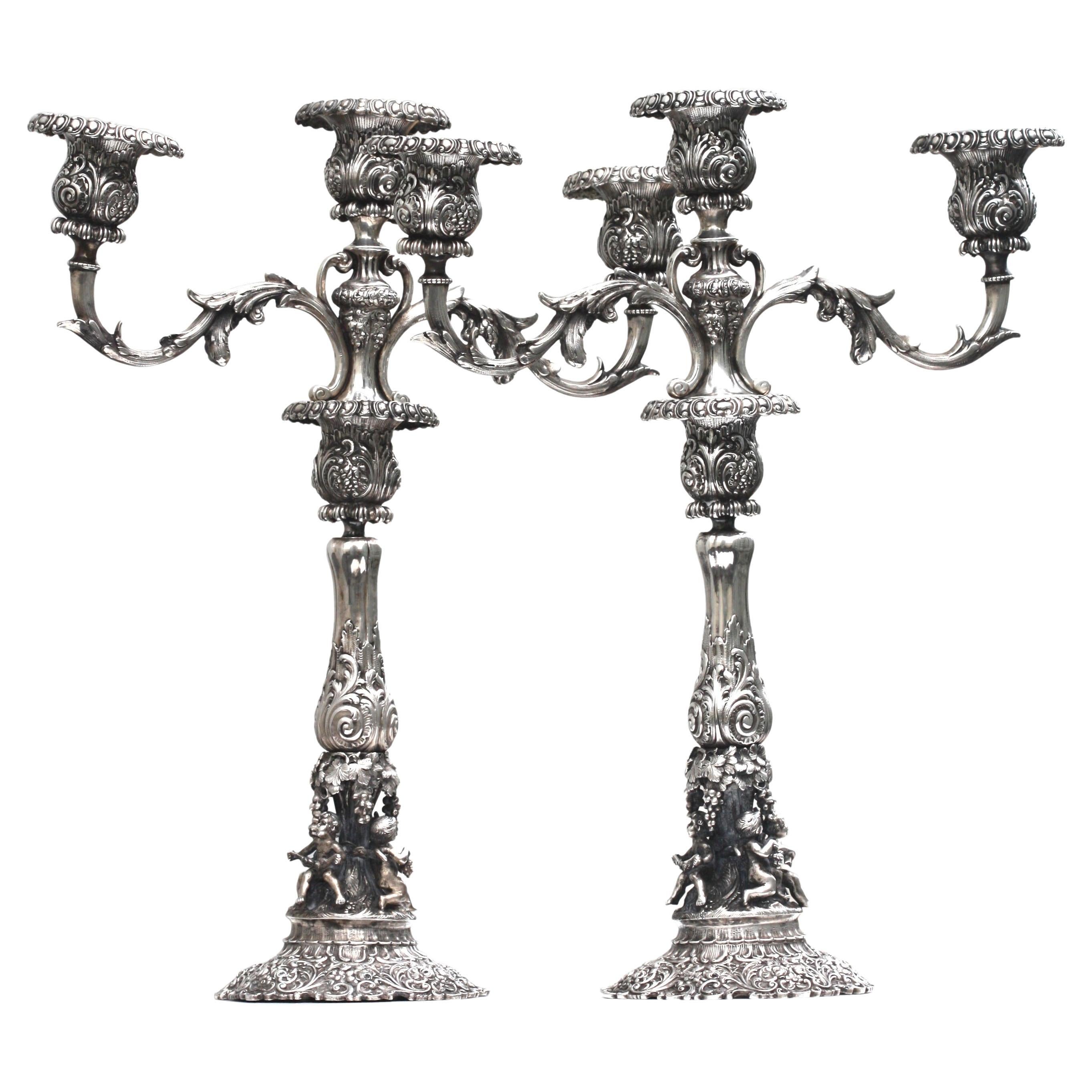 Pair of Continental Renaissance Style Silver Three-Light Candelabra Late 19th For Sale