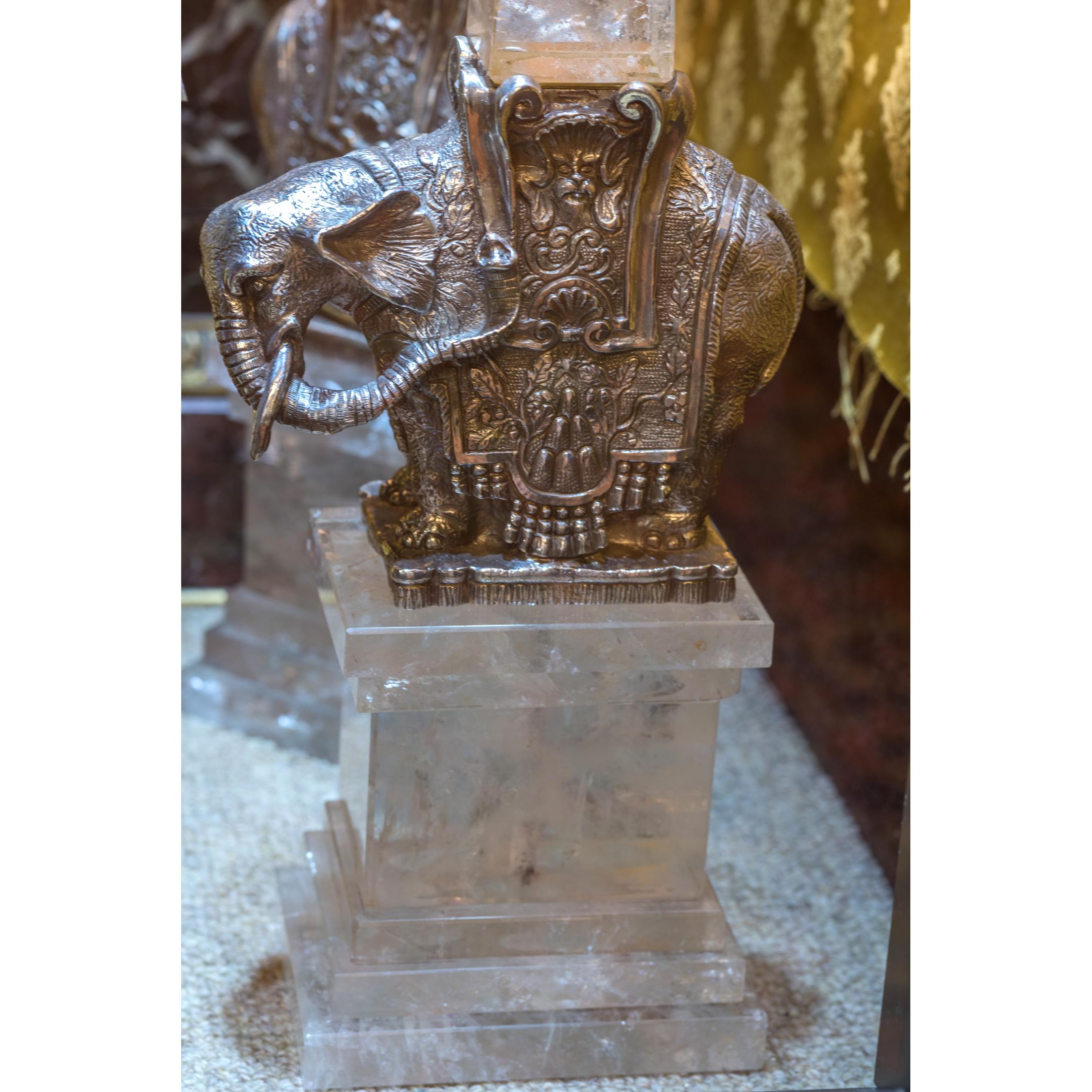 French Pair of Continental Rock Crystal on Silvered Bronze Elephant Obelisks